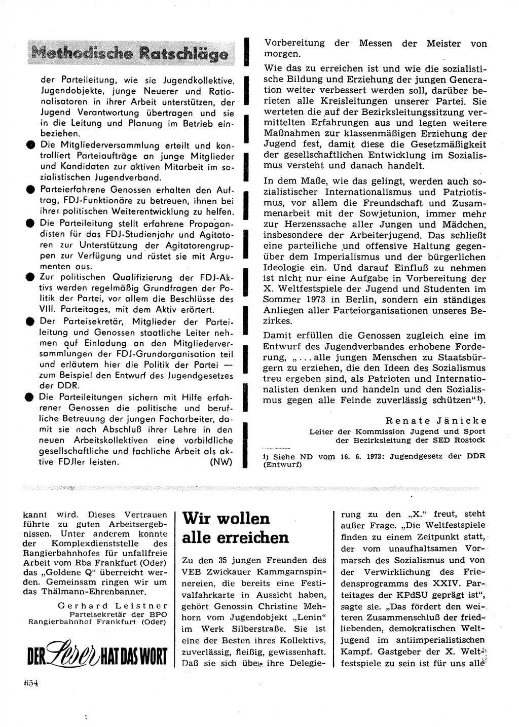 Neuer Weg (NW), Organ des Zentralkomitees (ZK) der SED (Sozialistische Einheitspartei Deutschlands) für Fragen des Parteilebens, 28. Jahrgang [Deutsche Demokratische Republik (DDR)] 1973, Seite 654 (NW ZK SED DDR 1973, S. 654)