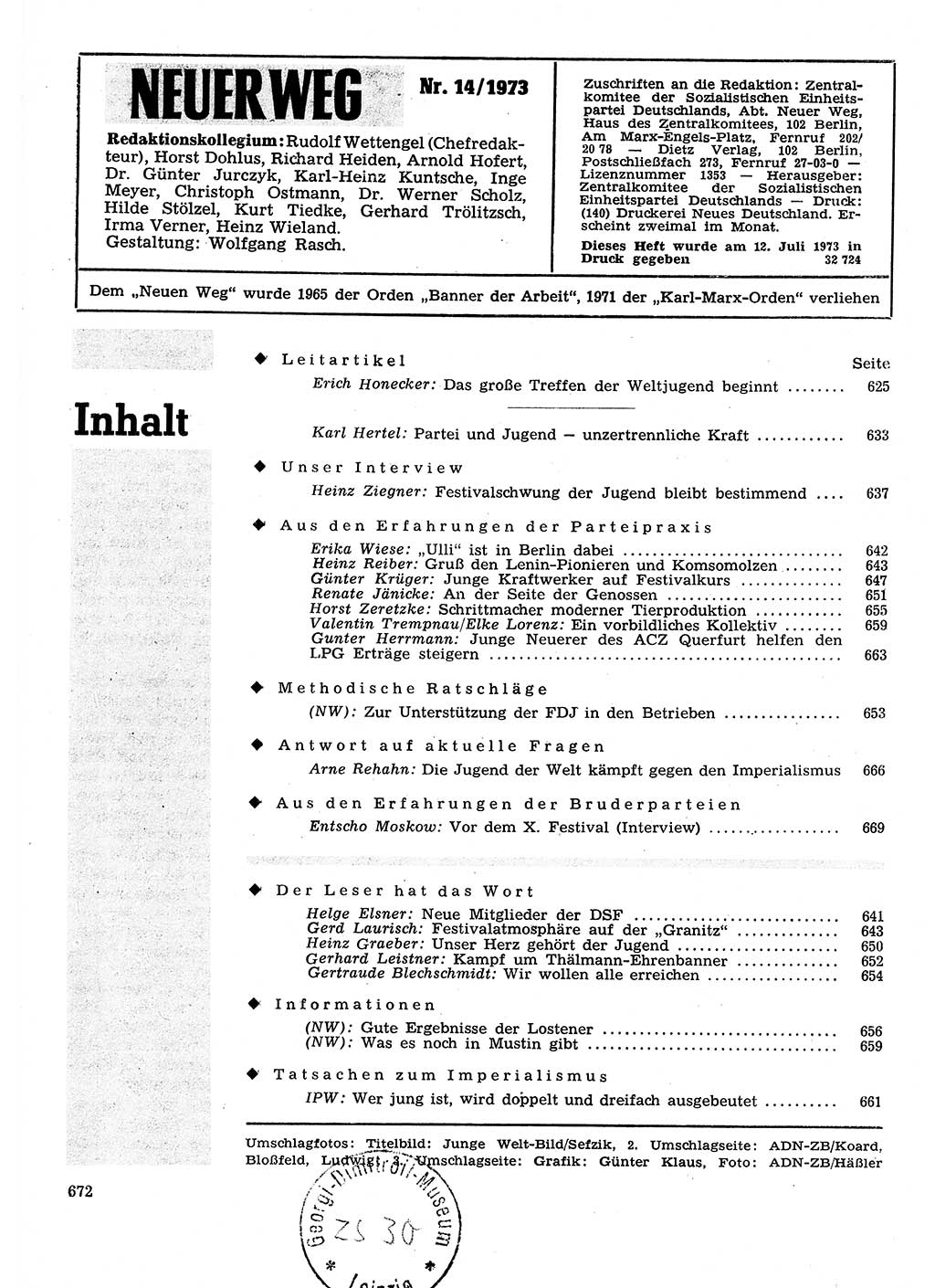Neuer Weg (NW), Organ des Zentralkomitees (ZK) der SED (Sozialistische Einheitspartei Deutschlands) für Fragen des Parteilebens, 28. Jahrgang [Deutsche Demokratische Republik (DDR)] 1973, Seite 672 (NW ZK SED DDR 1973, S. 672)