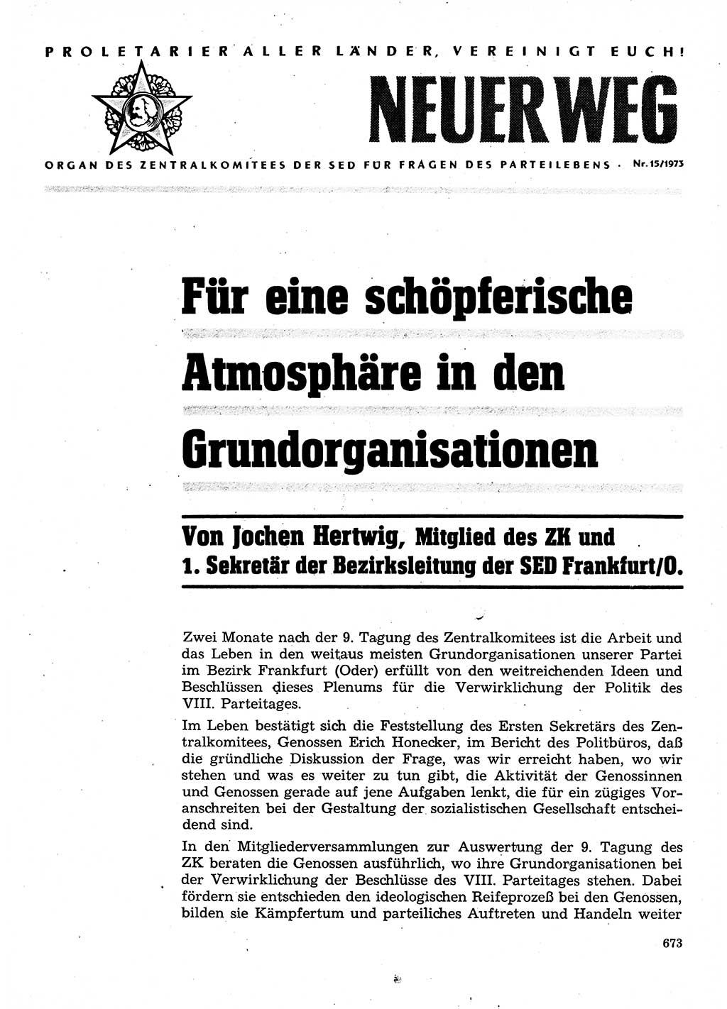 Neuer Weg (NW), Organ des Zentralkomitees (ZK) der SED (Sozialistische Einheitspartei Deutschlands) für Fragen des Parteilebens, 28. Jahrgang [Deutsche Demokratische Republik (DDR)] 1973, Seite 673 (NW ZK SED DDR 1973, S. 673)