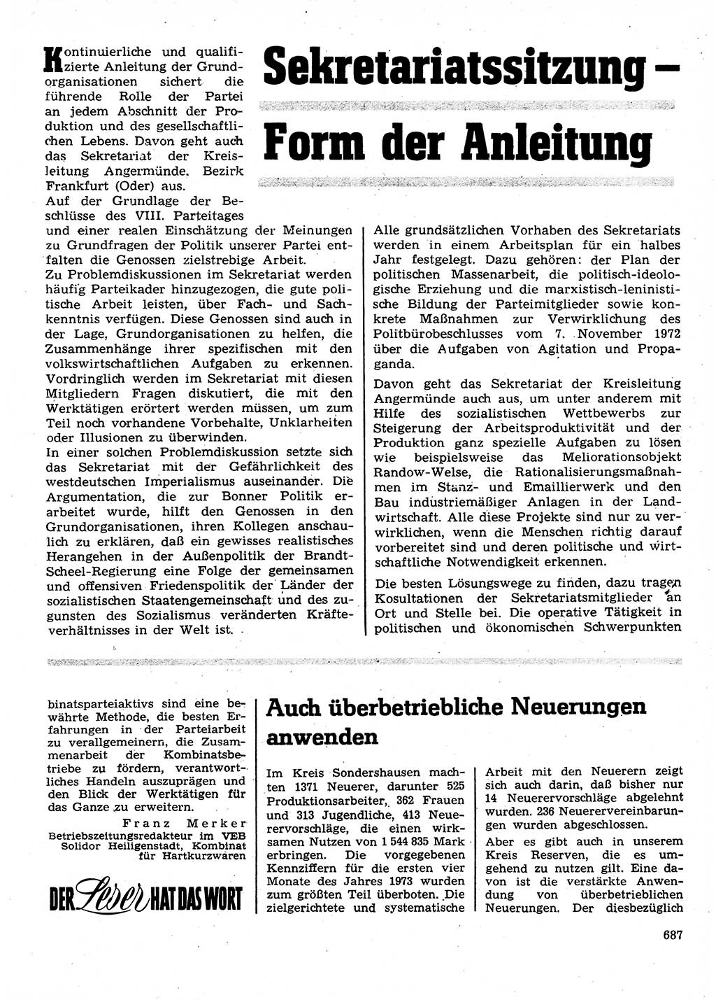 Neuer Weg (NW), Organ des Zentralkomitees (ZK) der SED (Sozialistische Einheitspartei Deutschlands) für Fragen des Parteilebens, 28. Jahrgang [Deutsche Demokratische Republik (DDR)] 1973, Seite 687 (NW ZK SED DDR 1973, S. 687)