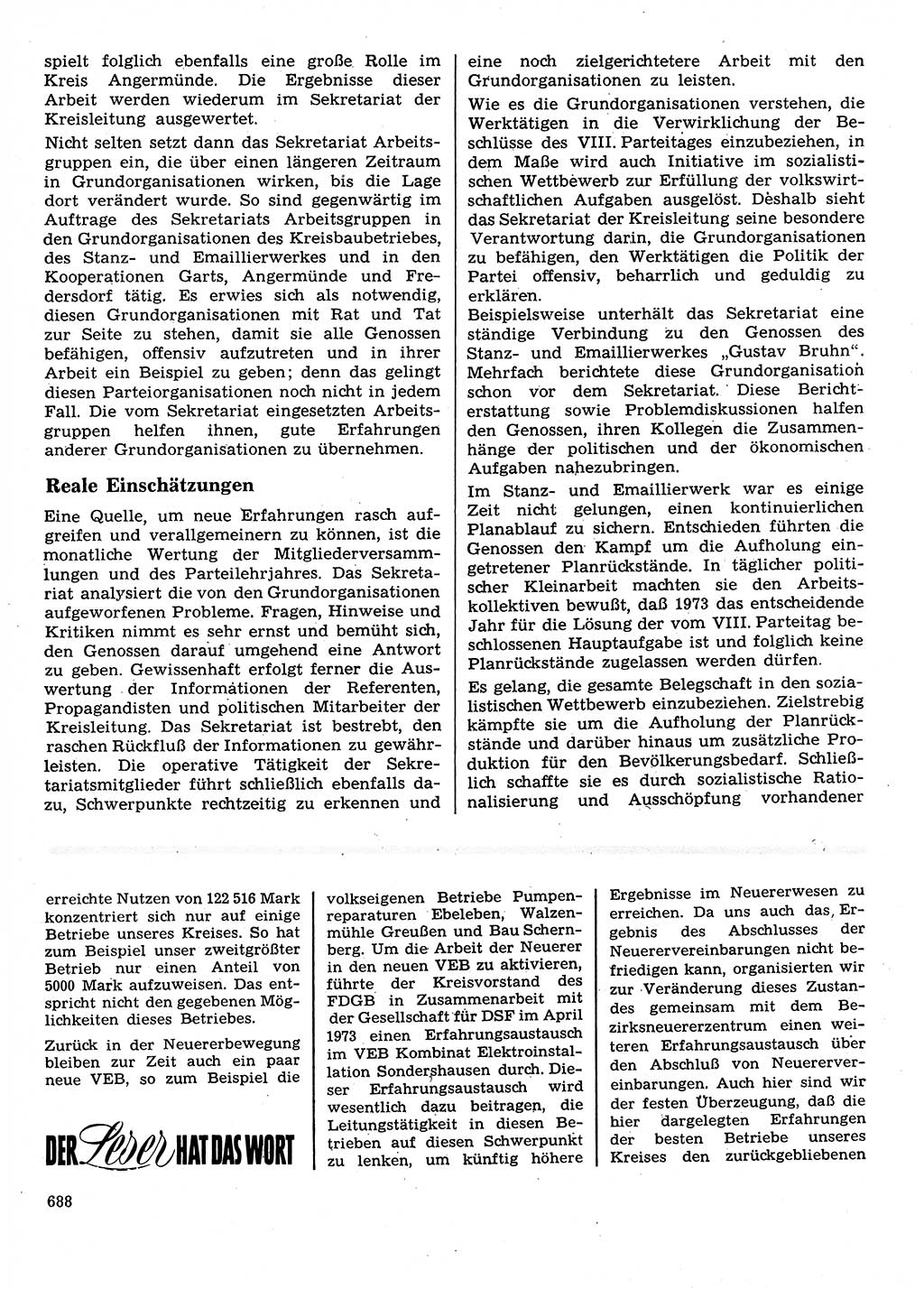 Neuer Weg (NW), Organ des Zentralkomitees (ZK) der SED (Sozialistische Einheitspartei Deutschlands) für Fragen des Parteilebens, 28. Jahrgang [Deutsche Demokratische Republik (DDR)] 1973, Seite 688 (NW ZK SED DDR 1973, S. 688)