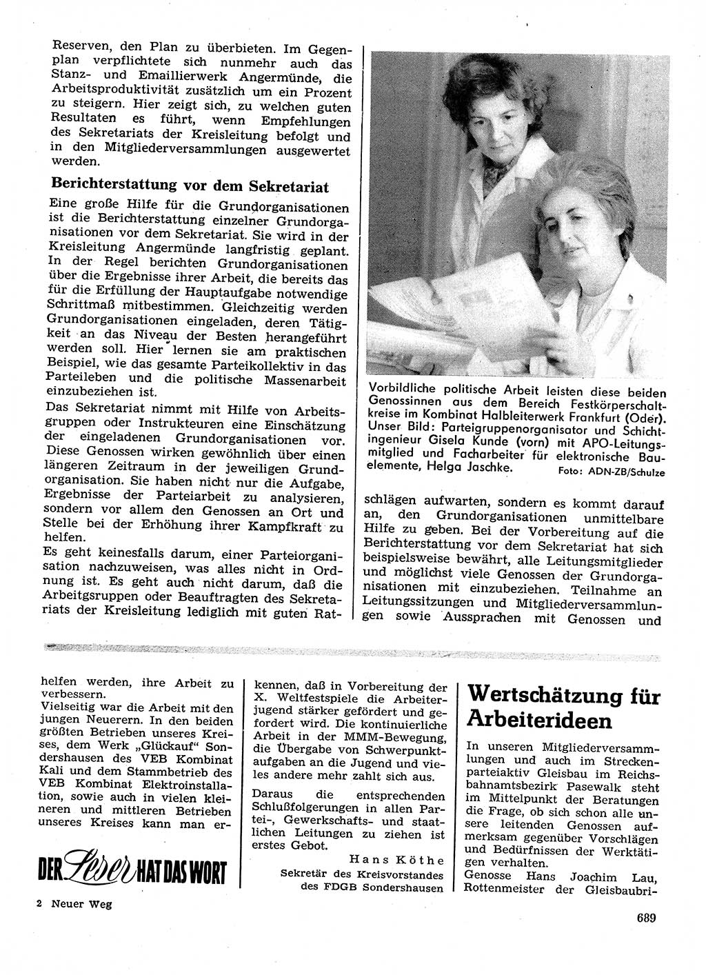 Neuer Weg (NW), Organ des Zentralkomitees (ZK) der SED (Sozialistische Einheitspartei Deutschlands) für Fragen des Parteilebens, 28. Jahrgang [Deutsche Demokratische Republik (DDR)] 1973, Seite 689 (NW ZK SED DDR 1973, S. 689)