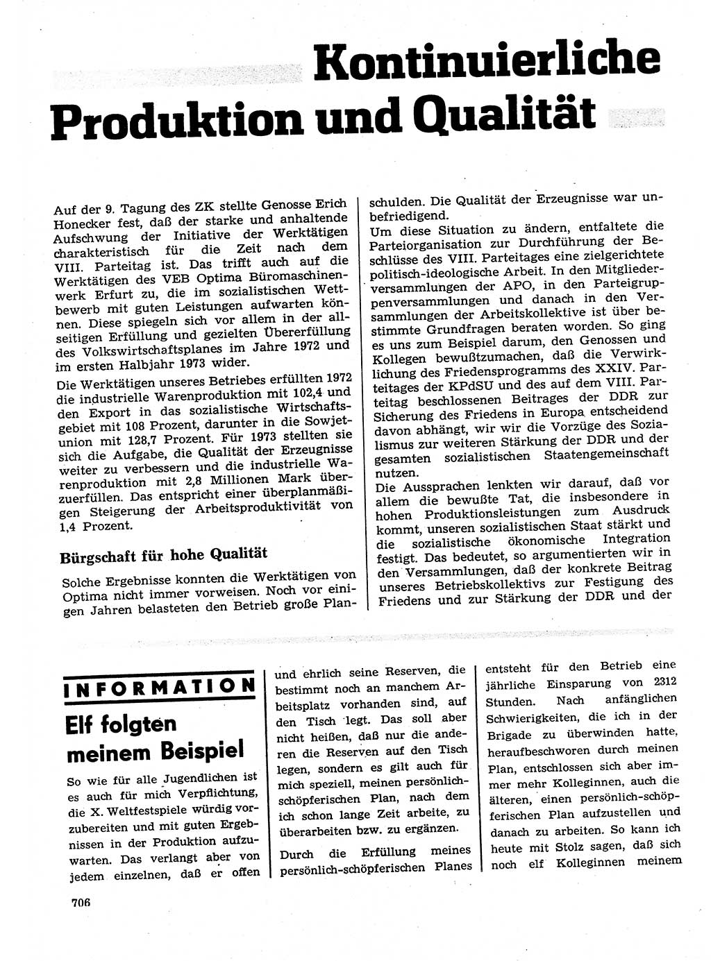 Neuer Weg (NW), Organ des Zentralkomitees (ZK) der SED (Sozialistische Einheitspartei Deutschlands) für Fragen des Parteilebens, 28. Jahrgang [Deutsche Demokratische Republik (DDR)] 1973, Seite 706 (NW ZK SED DDR 1973, S. 706)