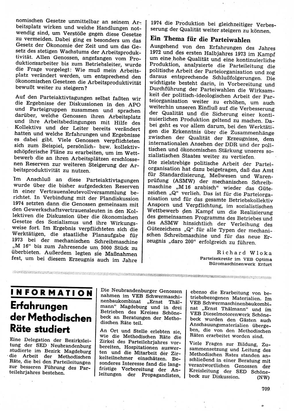Neuer Weg (NW), Organ des Zentralkomitees (ZK) der SED (Sozialistische Einheitspartei Deutschlands) für Fragen des Parteilebens, 28. Jahrgang [Deutsche Demokratische Republik (DDR)] 1973, Seite 709 (NW ZK SED DDR 1973, S. 709)
