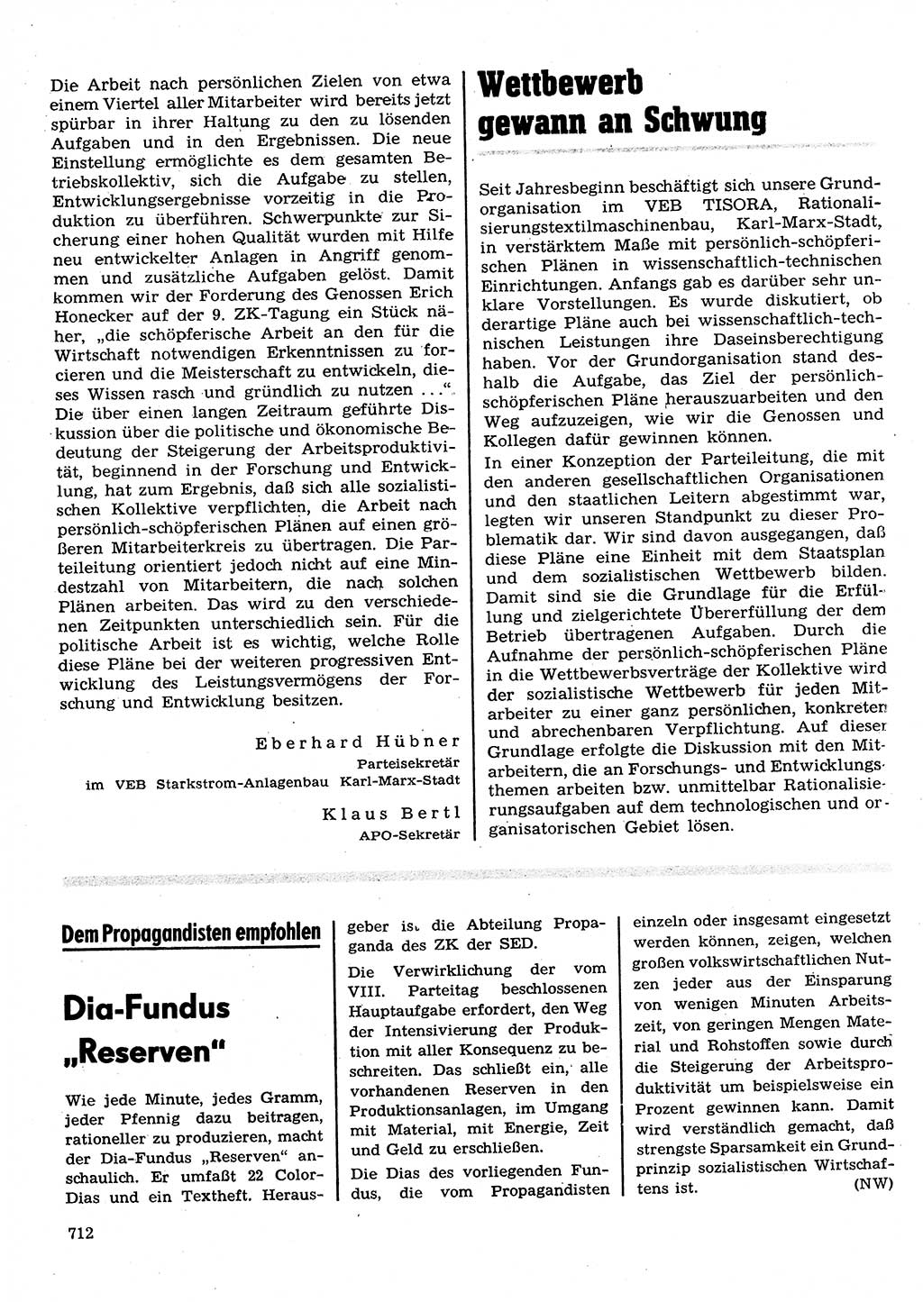 Neuer Weg (NW), Organ des Zentralkomitees (ZK) der SED (Sozialistische Einheitspartei Deutschlands) für Fragen des Parteilebens, 28. Jahrgang [Deutsche Demokratische Republik (DDR)] 1973, Seite 712 (NW ZK SED DDR 1973, S. 712)