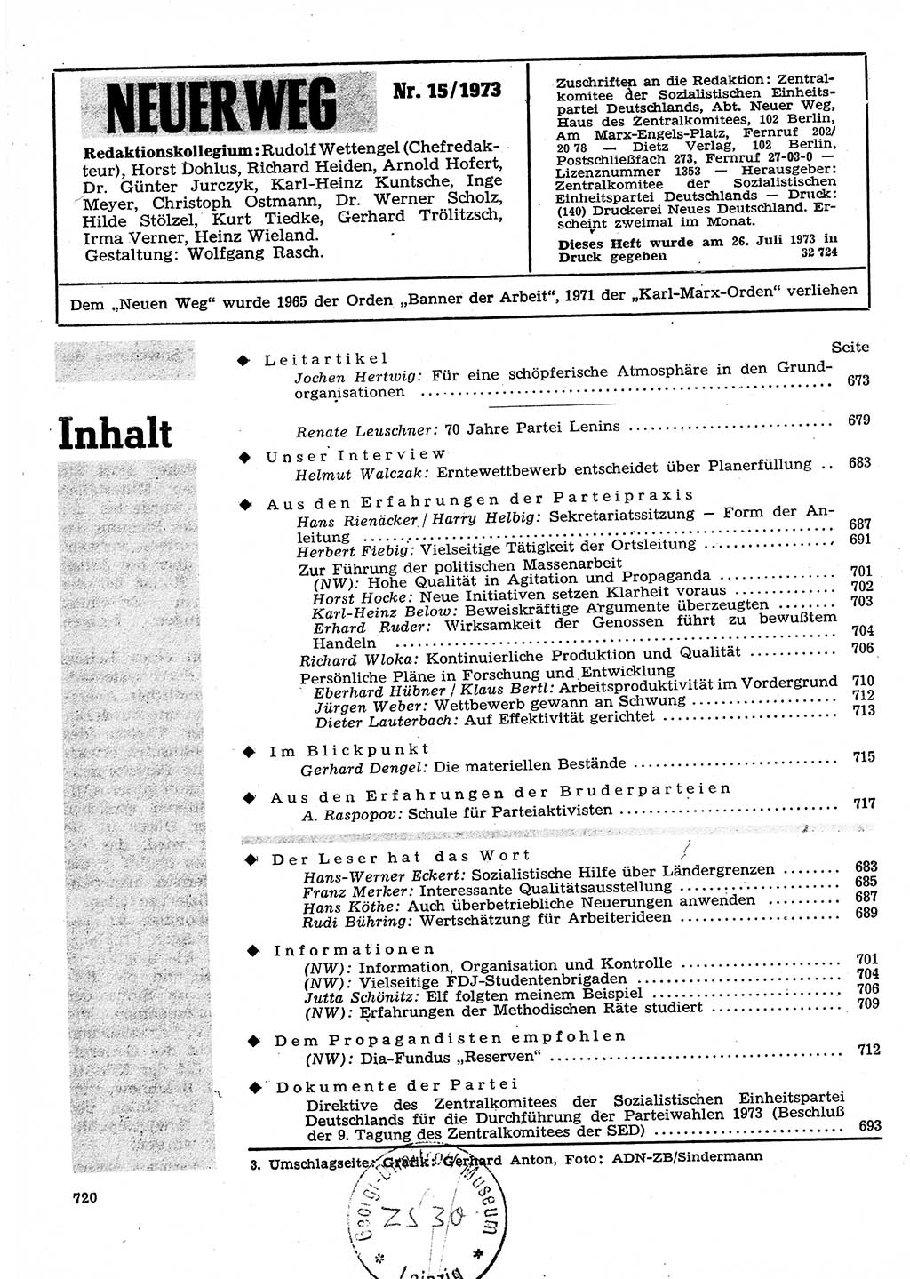 Neuer Weg (NW), Organ des Zentralkomitees (ZK) der SED (Sozialistische Einheitspartei Deutschlands) für Fragen des Parteilebens, 28. Jahrgang [Deutsche Demokratische Republik (DDR)] 1973, Seite 720 (NW ZK SED DDR 1973, S. 720)