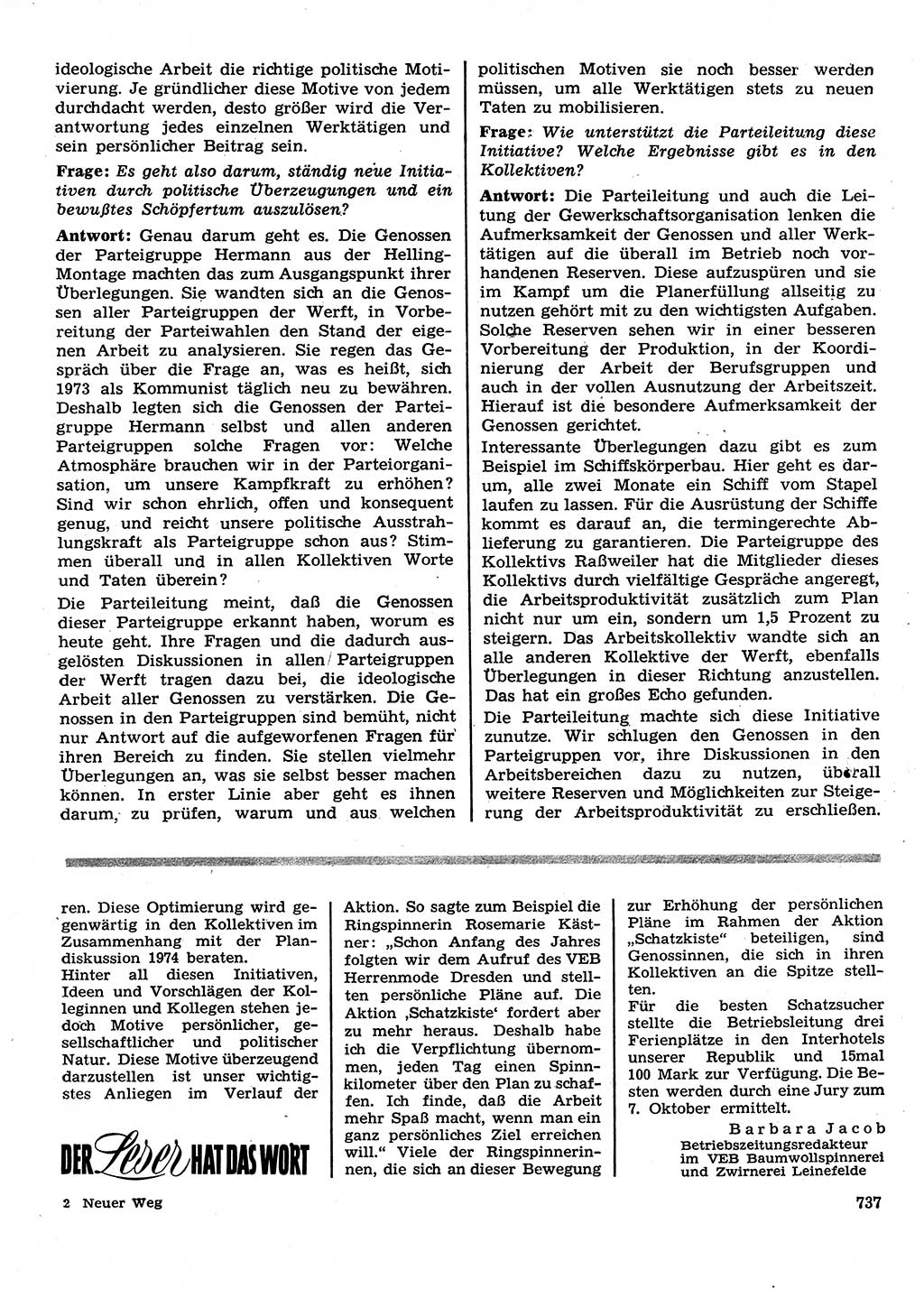 Neuer Weg (NW), Organ des Zentralkomitees (ZK) der SED (Sozialistische Einheitspartei Deutschlands) für Fragen des Parteilebens, 28. Jahrgang [Deutsche Demokratische Republik (DDR)] 1973, Seite 737 (NW ZK SED DDR 1973, S. 737)