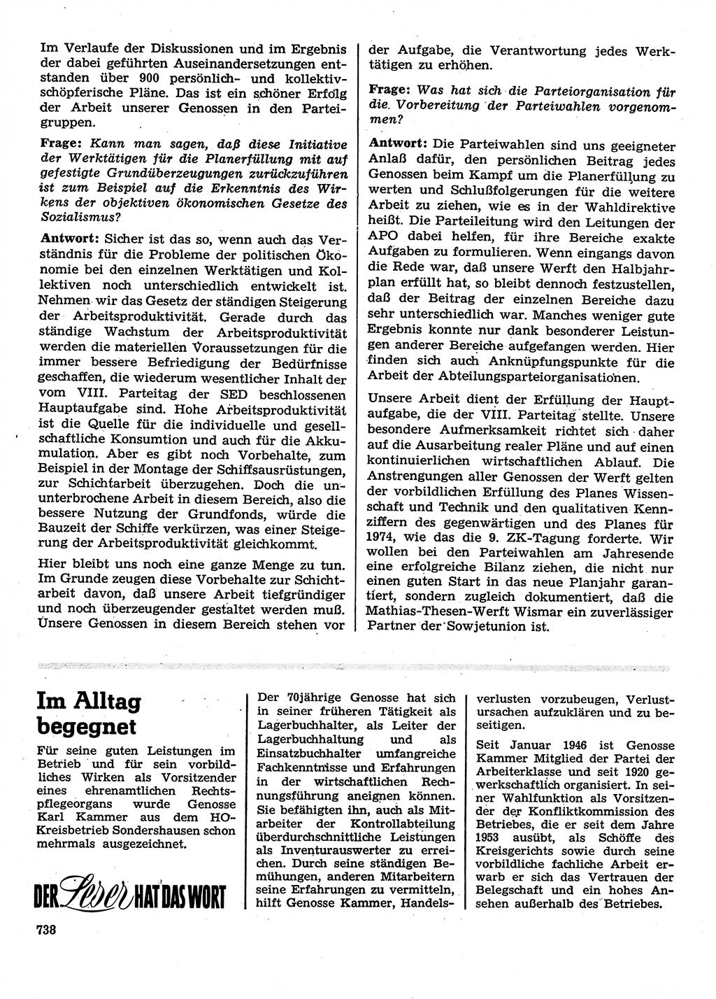 Neuer Weg (NW), Organ des Zentralkomitees (ZK) der SED (Sozialistische Einheitspartei Deutschlands) für Fragen des Parteilebens, 28. Jahrgang [Deutsche Demokratische Republik (DDR)] 1973, Seite 738 (NW ZK SED DDR 1973, S. 738)