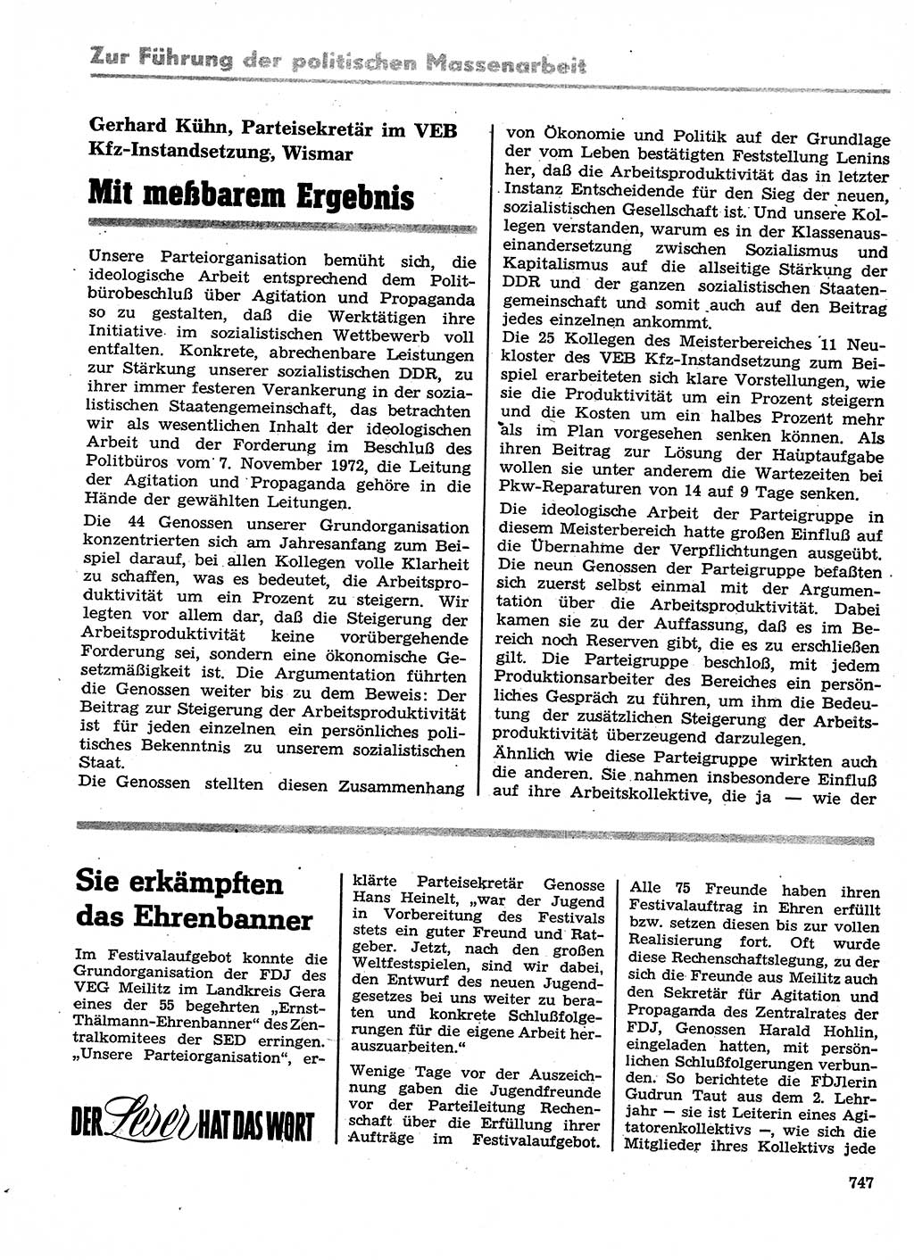Neuer Weg (NW), Organ des Zentralkomitees (ZK) der SED (Sozialistische Einheitspartei Deutschlands) für Fragen des Parteilebens, 28. Jahrgang [Deutsche Demokratische Republik (DDR)] 1973, Seite 747 (NW ZK SED DDR 1973, S. 747)