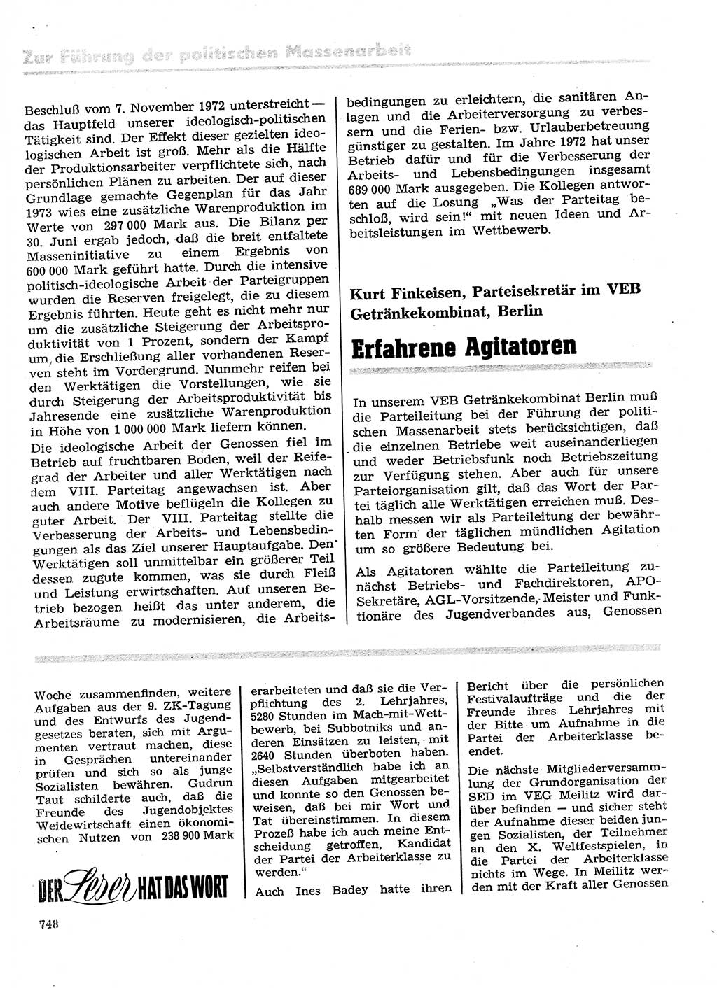 Neuer Weg (NW), Organ des Zentralkomitees (ZK) der SED (Sozialistische Einheitspartei Deutschlands) für Fragen des Parteilebens, 28. Jahrgang [Deutsche Demokratische Republik (DDR)] 1973, Seite 748 (NW ZK SED DDR 1973, S. 748)