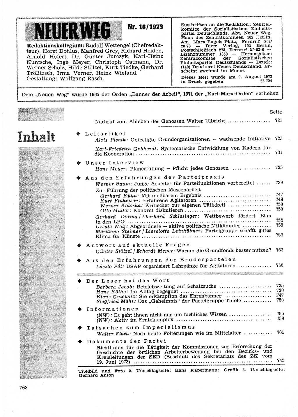Neuer Weg (NW), Organ des Zentralkomitees (ZK) der SED (Sozialistische Einheitspartei Deutschlands) für Fragen des Parteilebens, 28. Jahrgang [Deutsche Demokratische Republik (DDR)] 1973, Seite 768 (NW ZK SED DDR 1973, S. 768)
