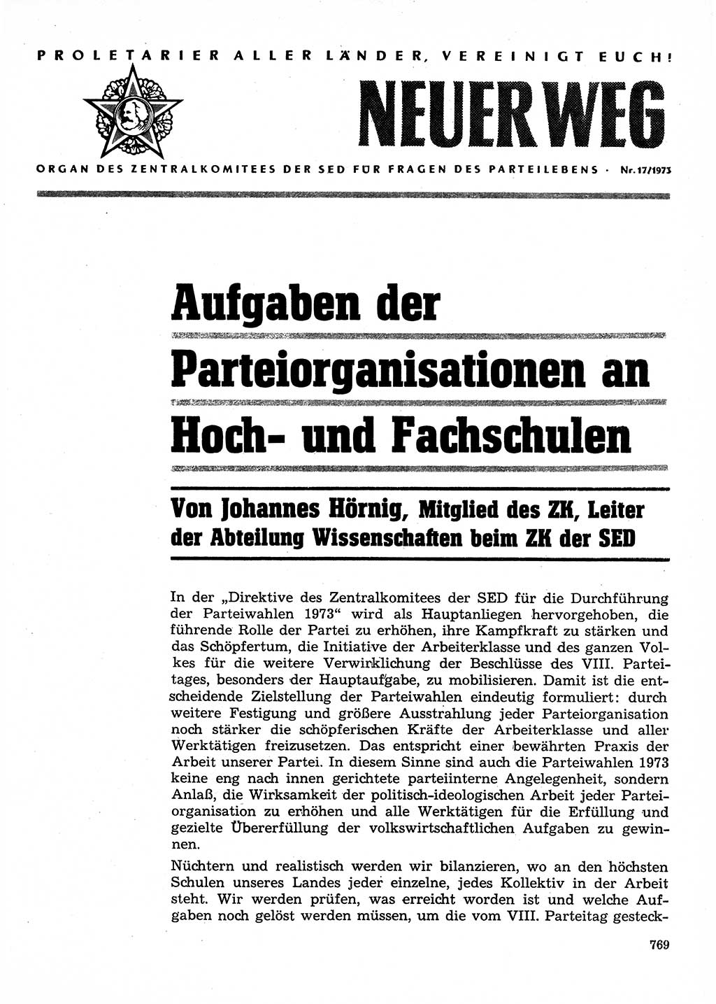 Neuer Weg (NW), Organ des Zentralkomitees (ZK) der SED (Sozialistische Einheitspartei Deutschlands) für Fragen des Parteilebens, 28. Jahrgang [Deutsche Demokratische Republik (DDR)] 1973, Seite 769 (NW ZK SED DDR 1973, S. 769)