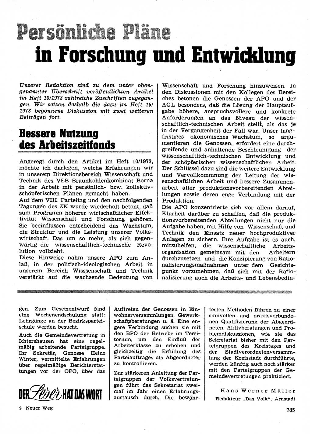 Neuer Weg (NW), Organ des Zentralkomitees (ZK) der SED (Sozialistische Einheitspartei Deutschlands) für Fragen des Parteilebens, 28. Jahrgang [Deutsche Demokratische Republik (DDR)] 1973, Seite 785 (NW ZK SED DDR 1973, S. 785)