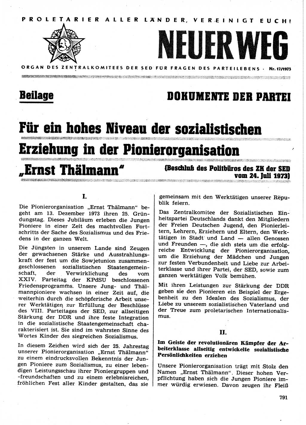 Neuer Weg (NW), Organ des Zentralkomitees (ZK) der SED (Sozialistische Einheitspartei Deutschlands) für Fragen des Parteilebens, 28. Jahrgang [Deutsche Demokratische Republik (DDR)] 1973, Seite 791 (NW ZK SED DDR 1973, S. 791)