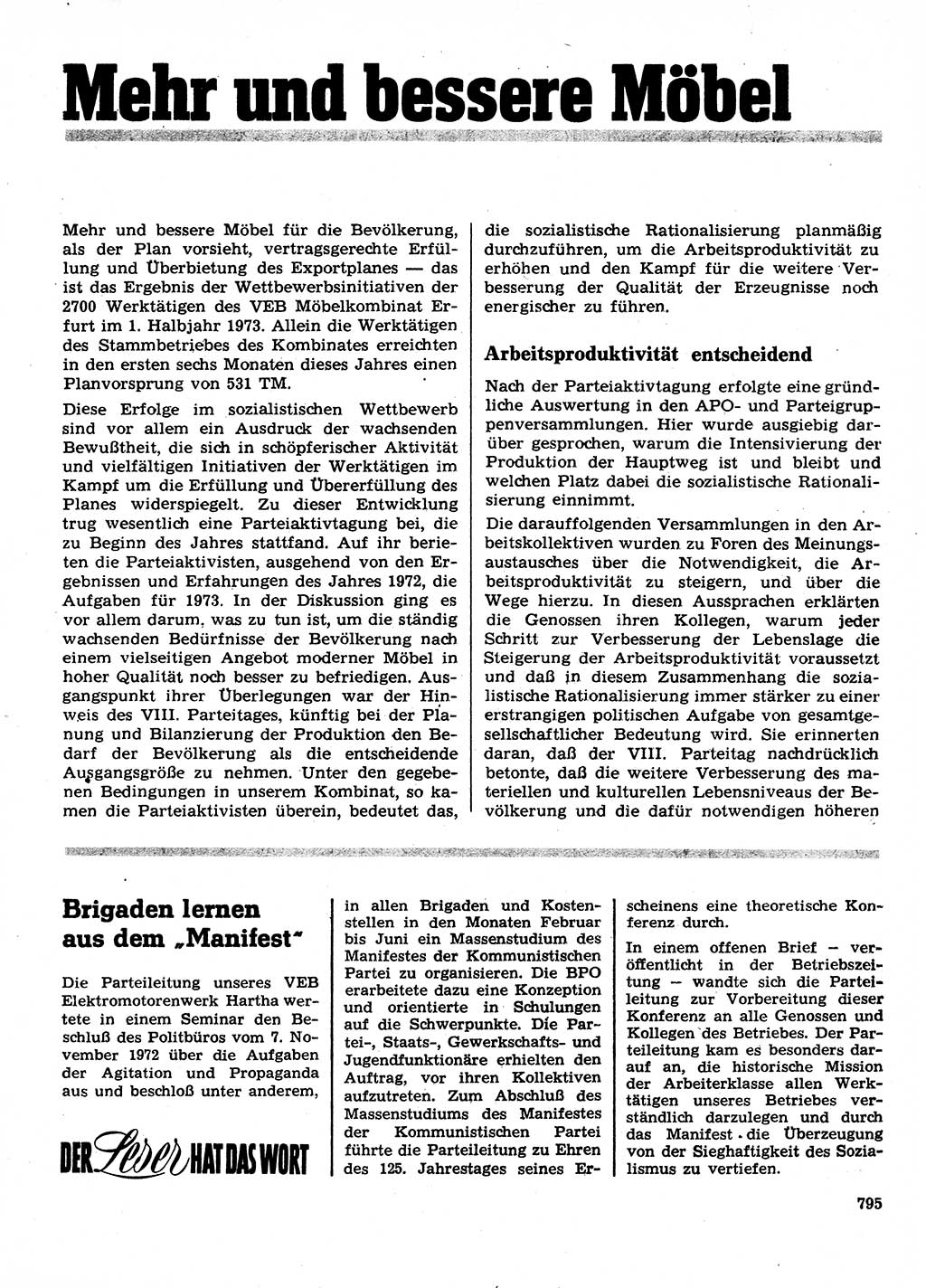 Neuer Weg (NW), Organ des Zentralkomitees (ZK) der SED (Sozialistische Einheitspartei Deutschlands) für Fragen des Parteilebens, 28. Jahrgang [Deutsche Demokratische Republik (DDR)] 1973, Seite 795 (NW ZK SED DDR 1973, S. 795)