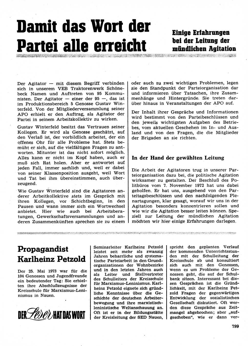 Neuer Weg (NW), Organ des Zentralkomitees (ZK) der SED (Sozialistische Einheitspartei Deutschlands) für Fragen des Parteilebens, 28. Jahrgang [Deutsche Demokratische Republik (DDR)] 1973, Seite 799 (NW ZK SED DDR 1973, S. 799)