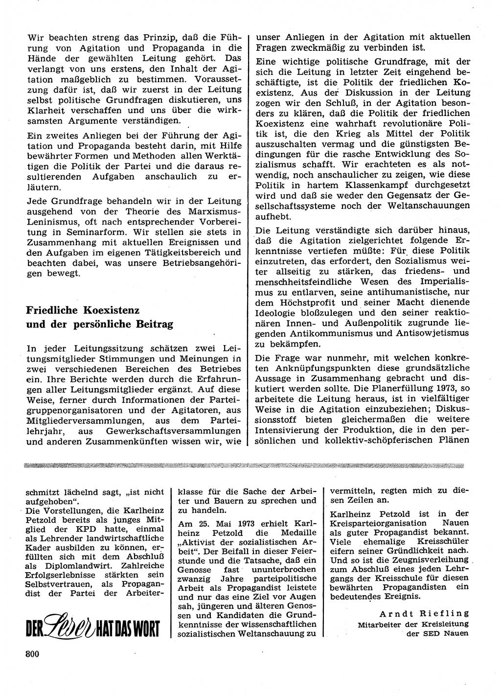 Neuer Weg (NW), Organ des Zentralkomitees (ZK) der SED (Sozialistische Einheitspartei Deutschlands) für Fragen des Parteilebens, 28. Jahrgang [Deutsche Demokratische Republik (DDR)] 1973, Seite 800 (NW ZK SED DDR 1973, S. 800)