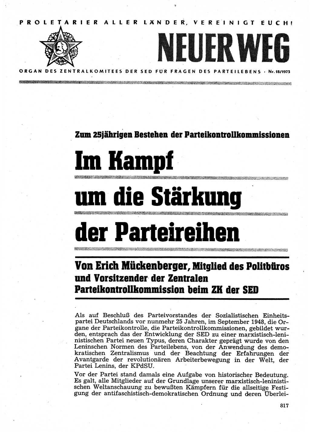 Neuer Weg (NW), Organ des Zentralkomitees (ZK) der SED (Sozialistische Einheitspartei Deutschlands) für Fragen des Parteilebens, 28. Jahrgang [Deutsche Demokratische Republik (DDR)] 1973, Seite 817 (NW ZK SED DDR 1973, S. 817)