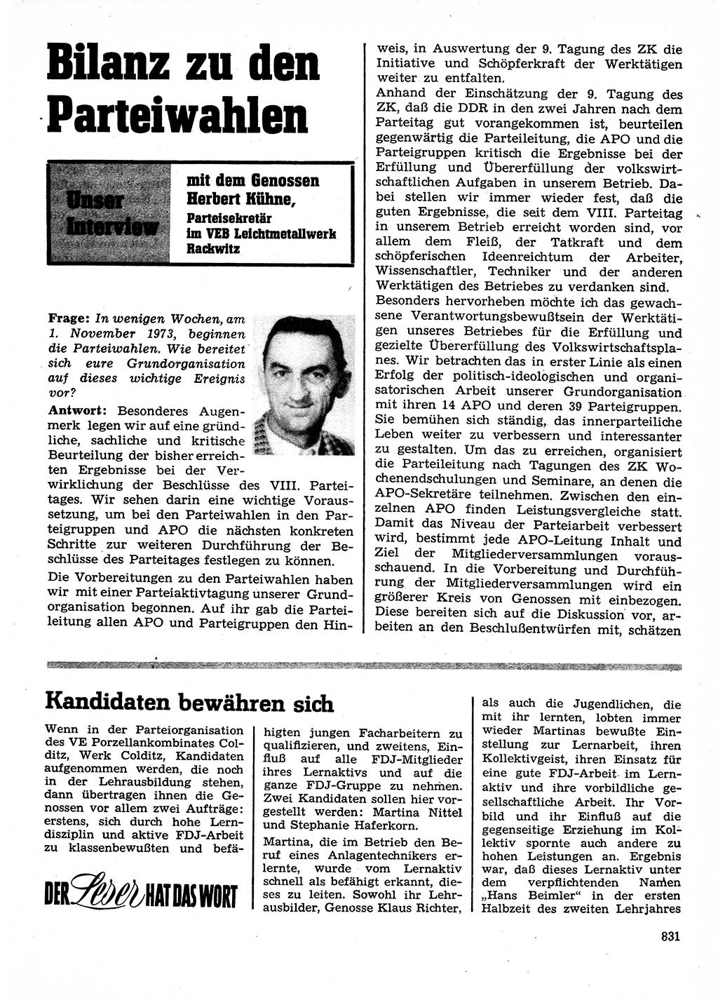 Neuer Weg (NW), Organ des Zentralkomitees (ZK) der SED (Sozialistische Einheitspartei Deutschlands) für Fragen des Parteilebens, 28. Jahrgang [Deutsche Demokratische Republik (DDR)] 1973, Seite 831 (NW ZK SED DDR 1973, S. 831)