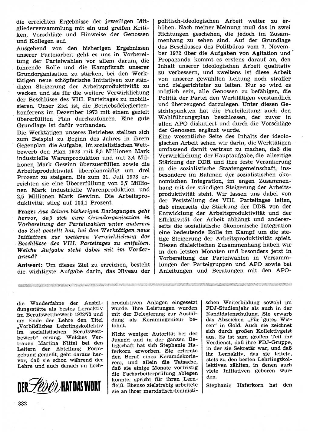 Neuer Weg (NW), Organ des Zentralkomitees (ZK) der SED (Sozialistische Einheitspartei Deutschlands) für Fragen des Parteilebens, 28. Jahrgang [Deutsche Demokratische Republik (DDR)] 1973, Seite 832 (NW ZK SED DDR 1973, S. 832)