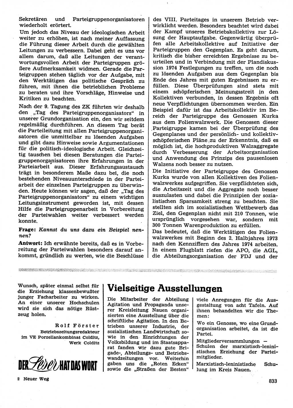 Neuer Weg (NW), Organ des Zentralkomitees (ZK) der SED (Sozialistische Einheitspartei Deutschlands) für Fragen des Parteilebens, 28. Jahrgang [Deutsche Demokratische Republik (DDR)] 1973, Seite 833 (NW ZK SED DDR 1973, S. 833)