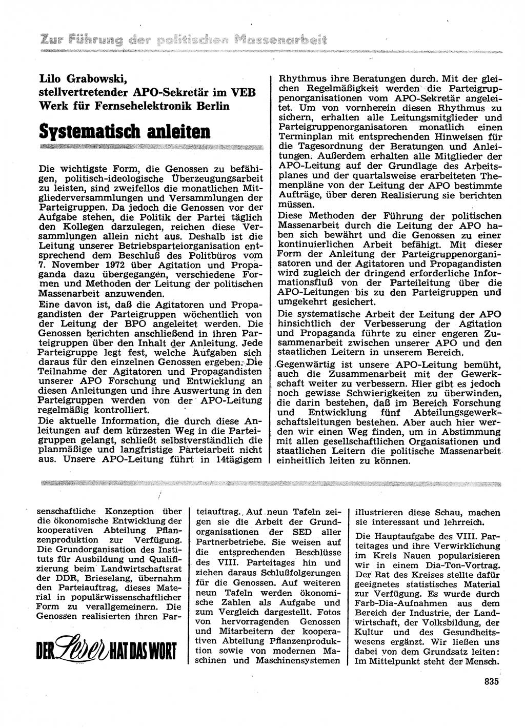 Neuer Weg (NW), Organ des Zentralkomitees (ZK) der SED (Sozialistische Einheitspartei Deutschlands) für Fragen des Parteilebens, 28. Jahrgang [Deutsche Demokratische Republik (DDR)] 1973, Seite 835 (NW ZK SED DDR 1973, S. 835)