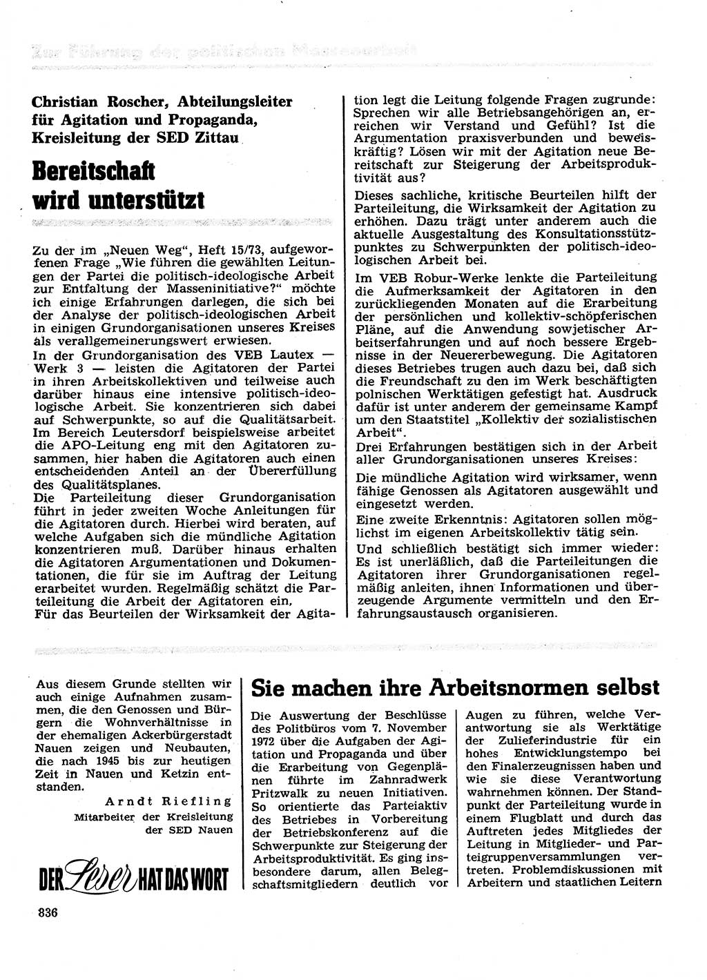 Neuer Weg (NW), Organ des Zentralkomitees (ZK) der SED (Sozialistische Einheitspartei Deutschlands) für Fragen des Parteilebens, 28. Jahrgang [Deutsche Demokratische Republik (DDR)] 1973, Seite 836 (NW ZK SED DDR 1973, S. 836)