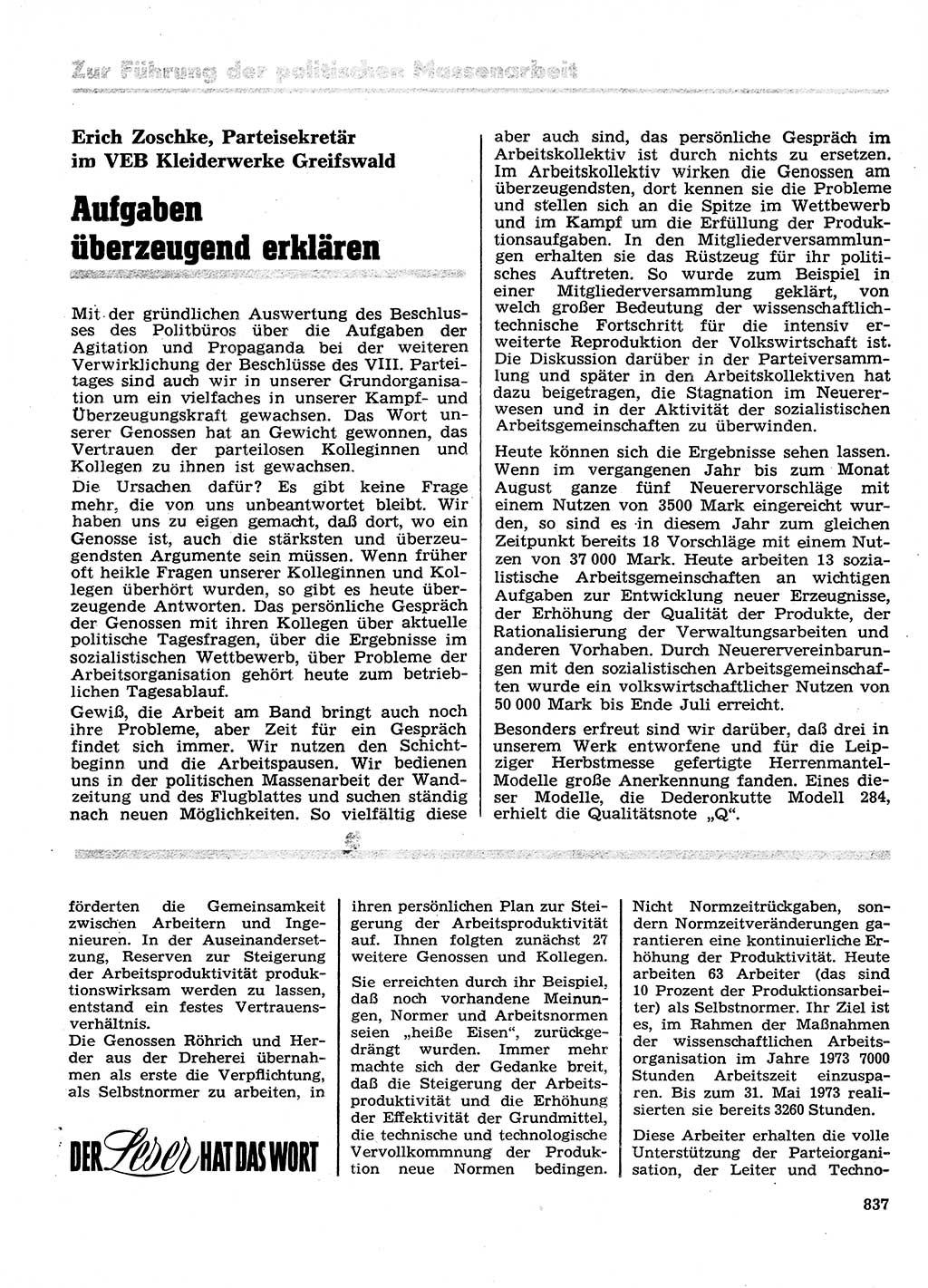 Neuer Weg (NW), Organ des Zentralkomitees (ZK) der SED (Sozialistische Einheitspartei Deutschlands) für Fragen des Parteilebens, 28. Jahrgang [Deutsche Demokratische Republik (DDR)] 1973, Seite 837 (NW ZK SED DDR 1973, S. 837)