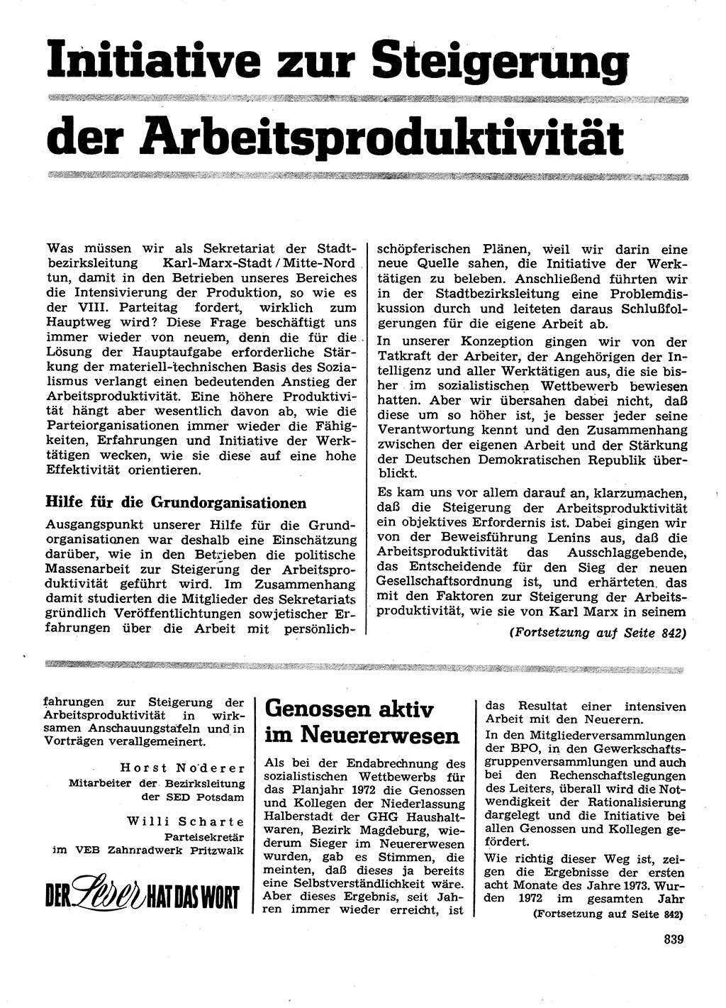 Neuer Weg (NW), Organ des Zentralkomitees (ZK) der SED (Sozialistische Einheitspartei Deutschlands) für Fragen des Parteilebens, 28. Jahrgang [Deutsche Demokratische Republik (DDR)] 1973, Seite 839 (NW ZK SED DDR 1973, S. 839)