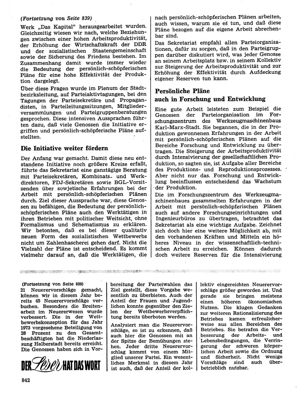 Neuer Weg (NW), Organ des Zentralkomitees (ZK) der SED (Sozialistische Einheitspartei Deutschlands) für Fragen des Parteilebens, 28. Jahrgang [Deutsche Demokratische Republik (DDR)] 1973, Seite 842 (NW ZK SED DDR 1973, S. 842)