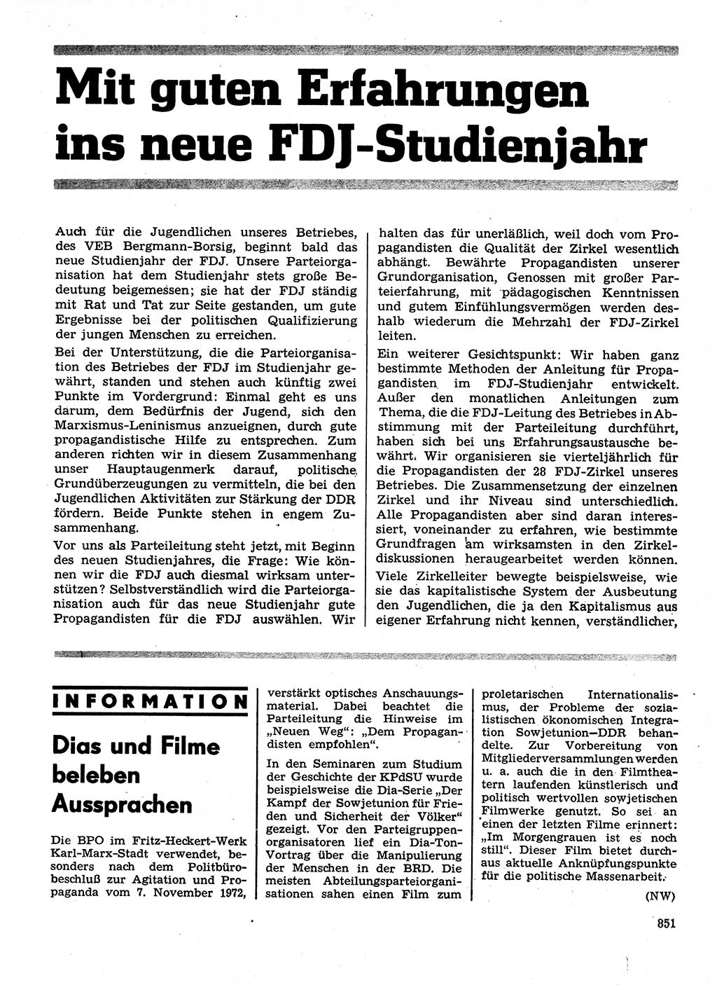Neuer Weg (NW), Organ des Zentralkomitees (ZK) der SED (Sozialistische Einheitspartei Deutschlands) für Fragen des Parteilebens, 28. Jahrgang [Deutsche Demokratische Republik (DDR)] 1973, Seite 851 (NW ZK SED DDR 1973, S. 851)