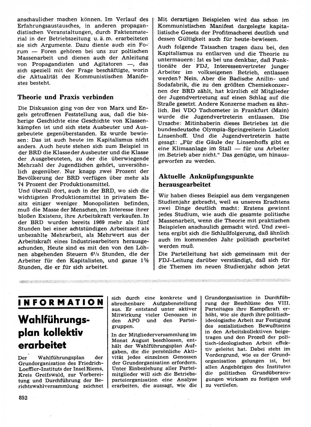 Neuer Weg (NW), Organ des Zentralkomitees (ZK) der SED (Sozialistische Einheitspartei Deutschlands) für Fragen des Parteilebens, 28. Jahrgang [Deutsche Demokratische Republik (DDR)] 1973, Seite 852 (NW ZK SED DDR 1973, S. 852)