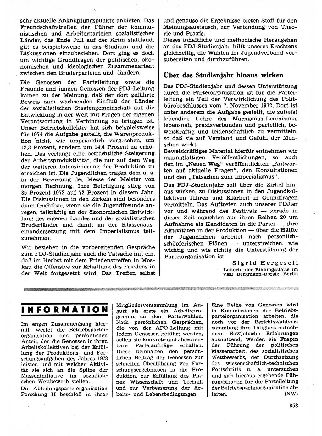 Neuer Weg (NW), Organ des Zentralkomitees (ZK) der SED (Sozialistische Einheitspartei Deutschlands) für Fragen des Parteilebens, 28. Jahrgang [Deutsche Demokratische Republik (DDR)] 1973, Seite 853 (NW ZK SED DDR 1973, S. 853)