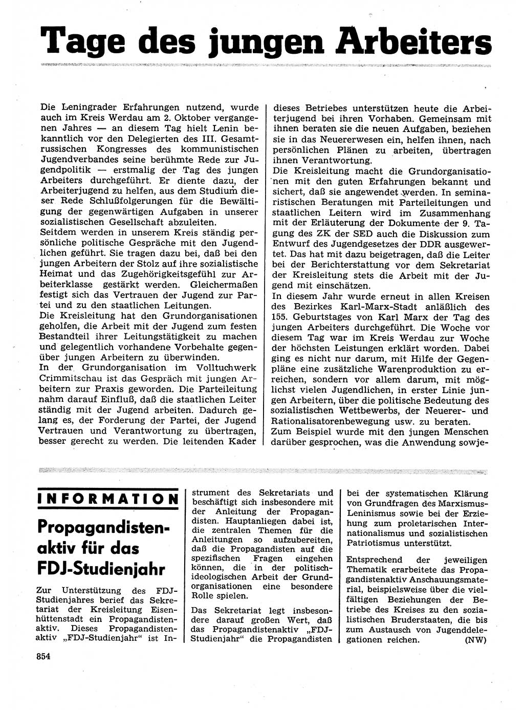 Neuer Weg (NW), Organ des Zentralkomitees (ZK) der SED (Sozialistische Einheitspartei Deutschlands) für Fragen des Parteilebens, 28. Jahrgang [Deutsche Demokratische Republik (DDR)] 1973, Seite 854 (NW ZK SED DDR 1973, S. 854)