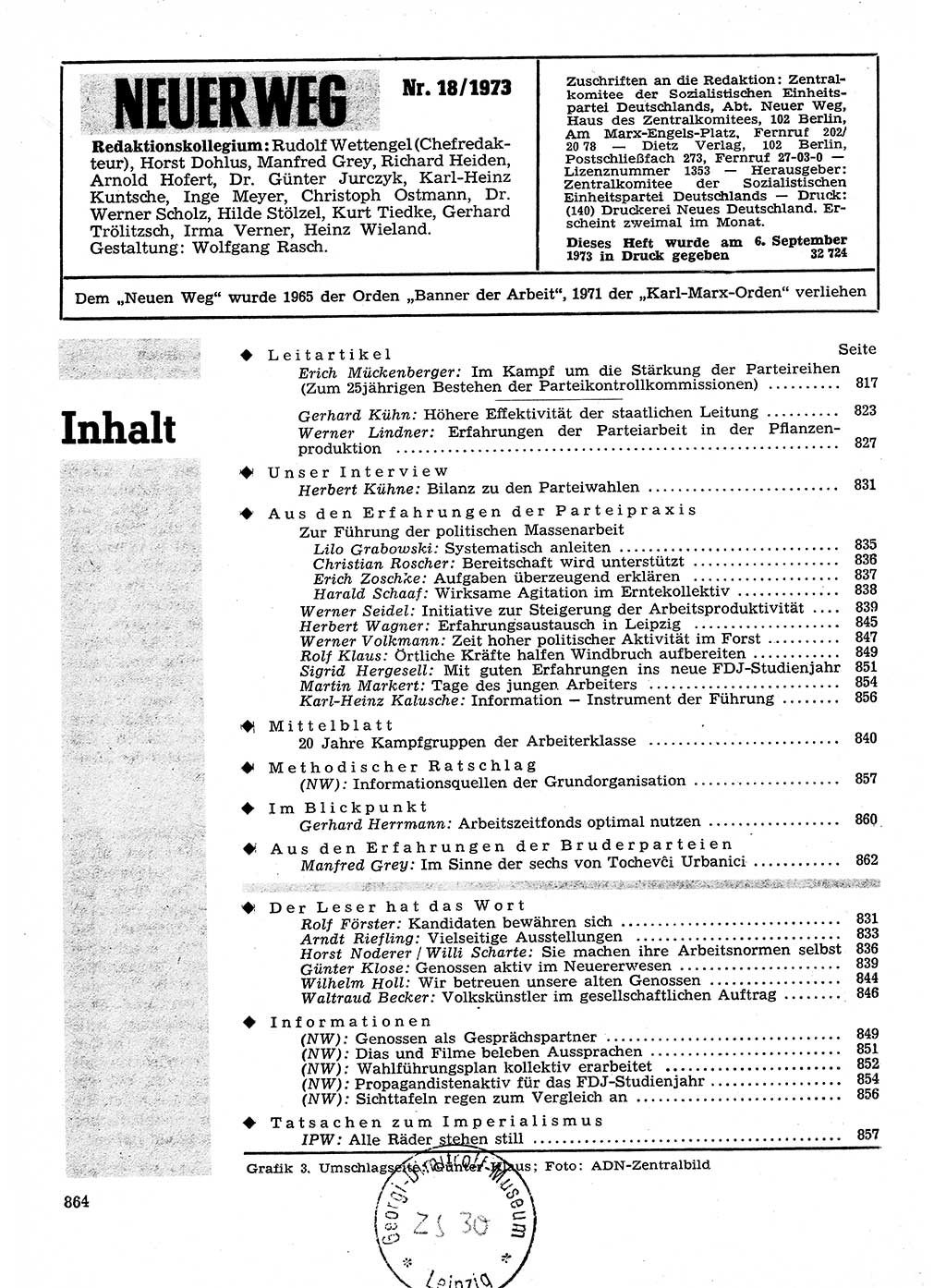 Neuer Weg (NW), Organ des Zentralkomitees (ZK) der SED (Sozialistische Einheitspartei Deutschlands) für Fragen des Parteilebens, 28. Jahrgang [Deutsche Demokratische Republik (DDR)] 1973, Seite 864 (NW ZK SED DDR 1973, S. 864)