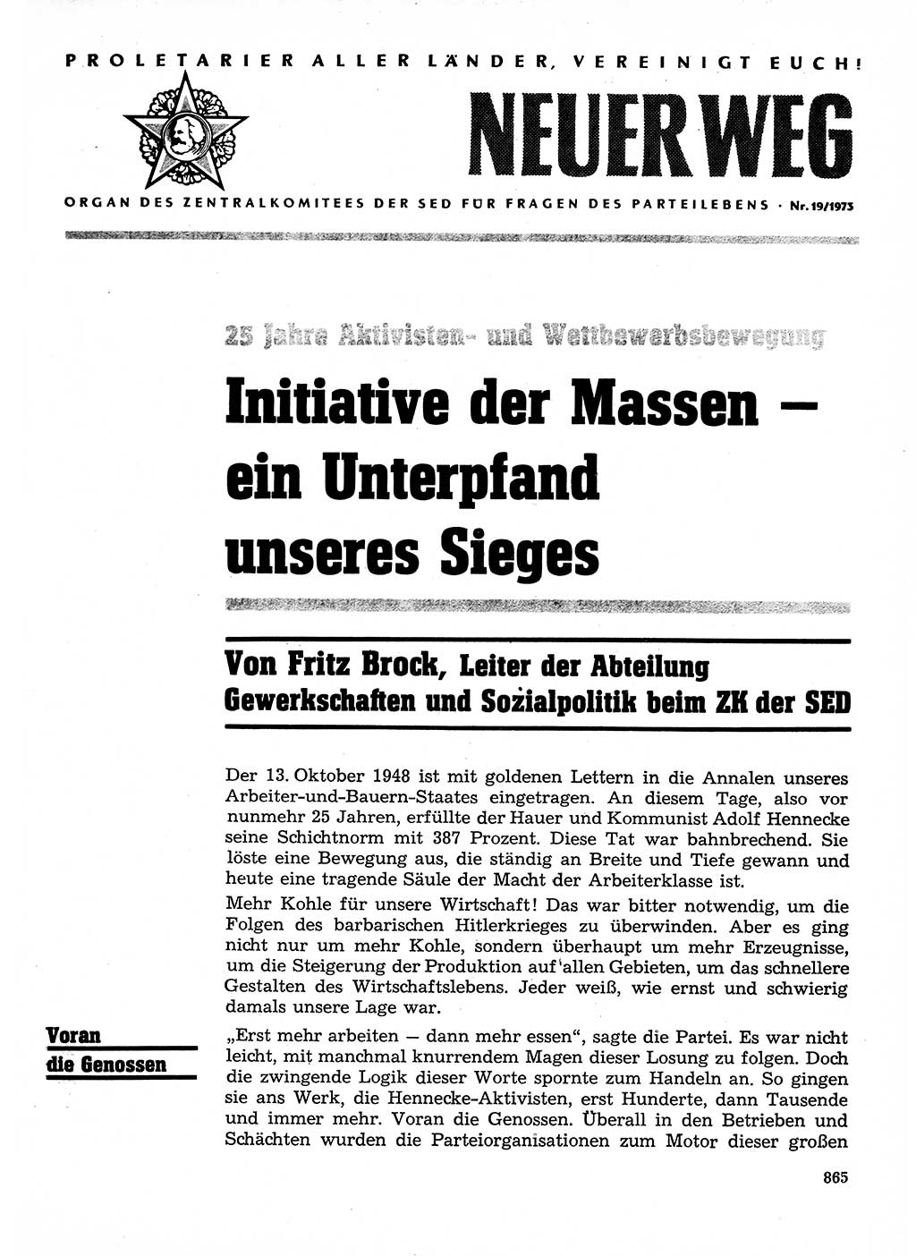 Neuer Weg (NW), Organ des Zentralkomitees (ZK) der SED (Sozialistische Einheitspartei Deutschlands) für Fragen des Parteilebens, 28. Jahrgang [Deutsche Demokratische Republik (DDR)] 1973, Seite 865 (NW ZK SED DDR 1973, S. 865)
