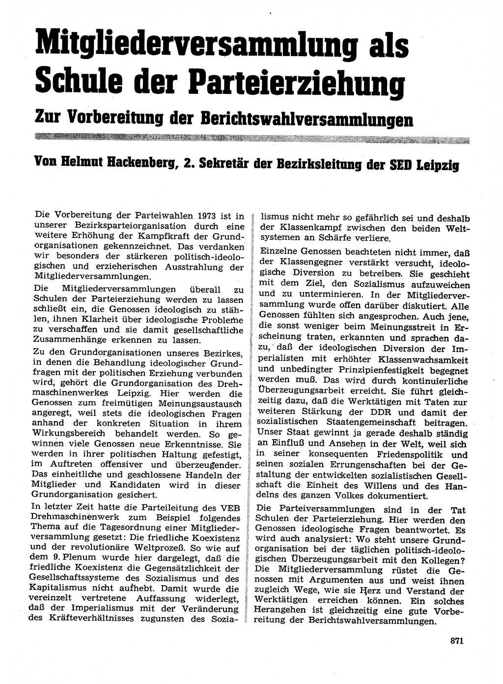 Neuer Weg (NW), Organ des Zentralkomitees (ZK) der SED (Sozialistische Einheitspartei Deutschlands) für Fragen des Parteilebens, 28. Jahrgang [Deutsche Demokratische Republik (DDR)] 1973, Seite 871 (NW ZK SED DDR 1973, S. 871)