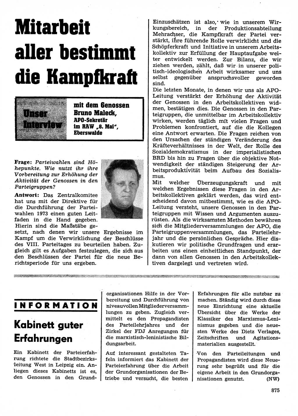 Neuer Weg (NW), Organ des Zentralkomitees (ZK) der SED (Sozialistische Einheitspartei Deutschlands) für Fragen des Parteilebens, 28. Jahrgang [Deutsche Demokratische Republik (DDR)] 1973, Seite 875 (NW ZK SED DDR 1973, S. 875)