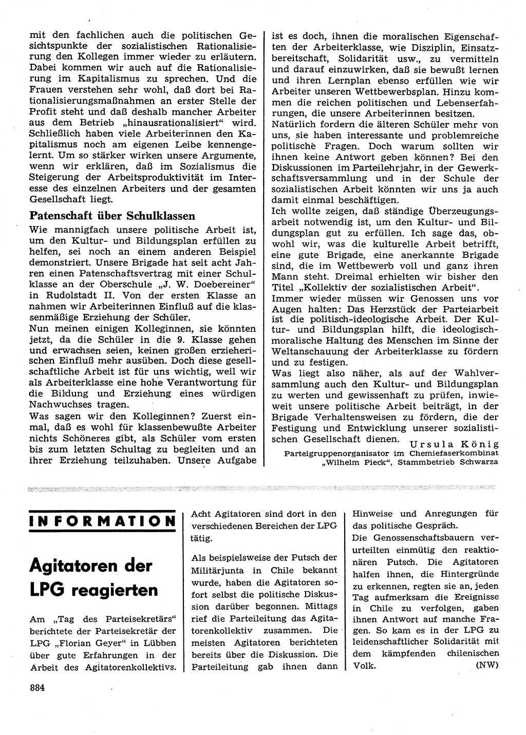Neuer Weg (NW), Organ des Zentralkomitees (ZK) der SED (Sozialistische Einheitspartei Deutschlands) für Fragen des Parteilebens, 28. Jahrgang [Deutsche Demokratische Republik (DDR)] 1973, Seite 884 (NW ZK SED DDR 1973, S. 884)