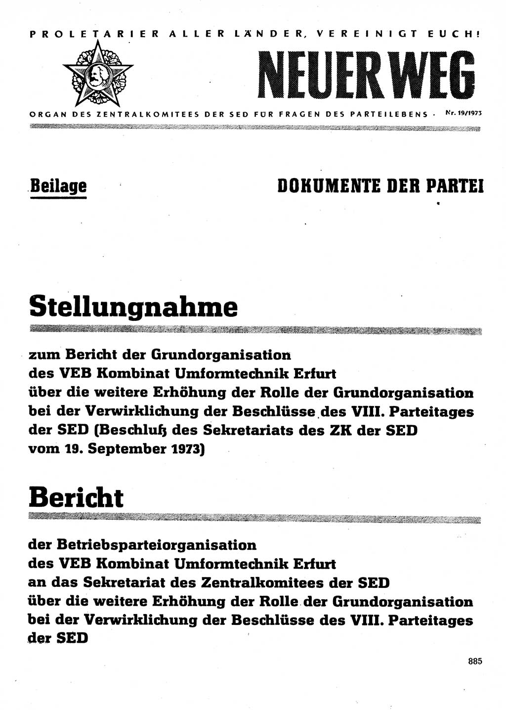 Neuer Weg (NW), Organ des Zentralkomitees (ZK) der SED (Sozialistische Einheitspartei Deutschlands) für Fragen des Parteilebens, 28. Jahrgang [Deutsche Demokratische Republik (DDR)] 1973, Seite 885 (NW ZK SED DDR 1973, S. 885)