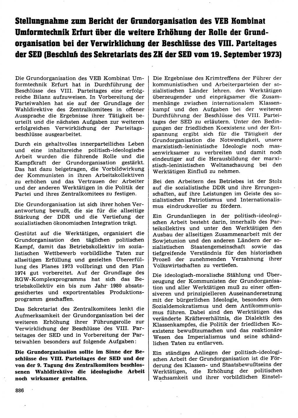 Neuer Weg (NW), Organ des Zentralkomitees (ZK) der SED (Sozialistische Einheitspartei Deutschlands) für Fragen des Parteilebens, 28. Jahrgang [Deutsche Demokratische Republik (DDR)] 1973, Seite 886 (NW ZK SED DDR 1973, S. 886)