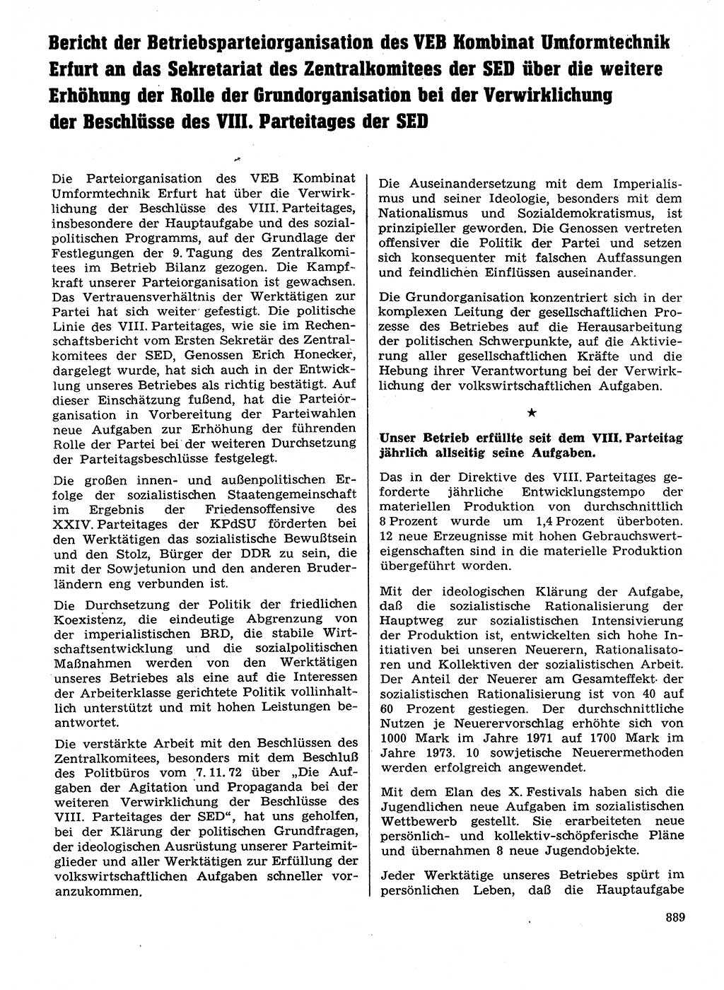Neuer Weg (NW), Organ des Zentralkomitees (ZK) der SED (Sozialistische Einheitspartei Deutschlands) für Fragen des Parteilebens, 28. Jahrgang [Deutsche Demokratische Republik (DDR)] 1973, Seite 889 (NW ZK SED DDR 1973, S. 889)