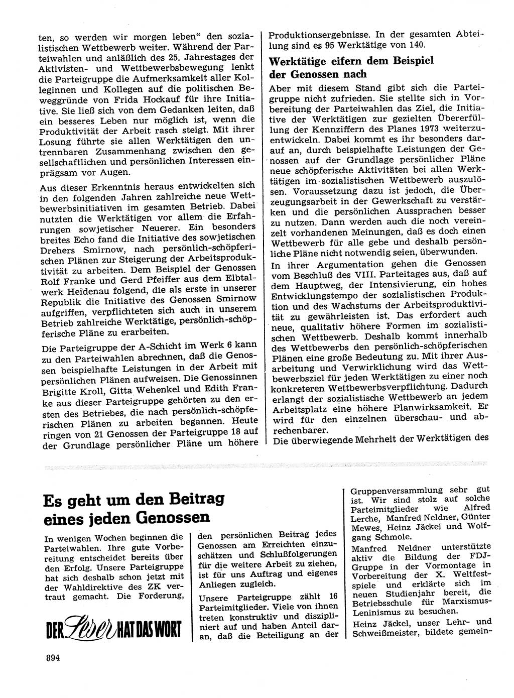 Neuer Weg (NW), Organ des Zentralkomitees (ZK) der SED (Sozialistische Einheitspartei Deutschlands) für Fragen des Parteilebens, 28. Jahrgang [Deutsche Demokratische Republik (DDR)] 1973, Seite 894 (NW ZK SED DDR 1973, S. 894)