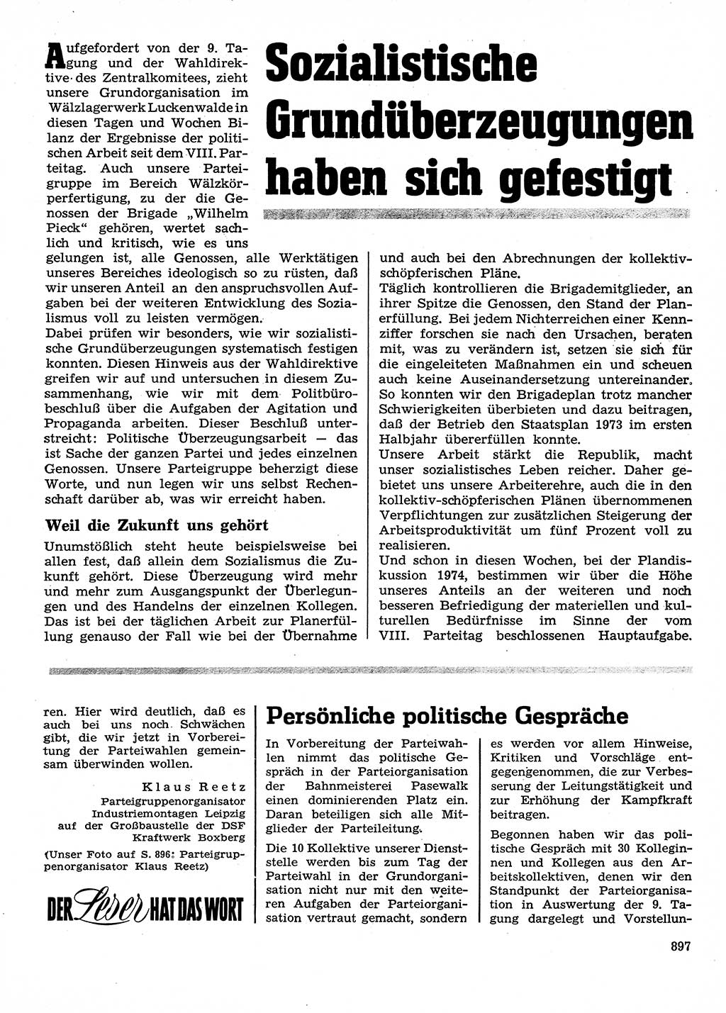 Neuer Weg (NW), Organ des Zentralkomitees (ZK) der SED (Sozialistische Einheitspartei Deutschlands) für Fragen des Parteilebens, 28. Jahrgang [Deutsche Demokratische Republik (DDR)] 1973, Seite 897 (NW ZK SED DDR 1973, S. 897)