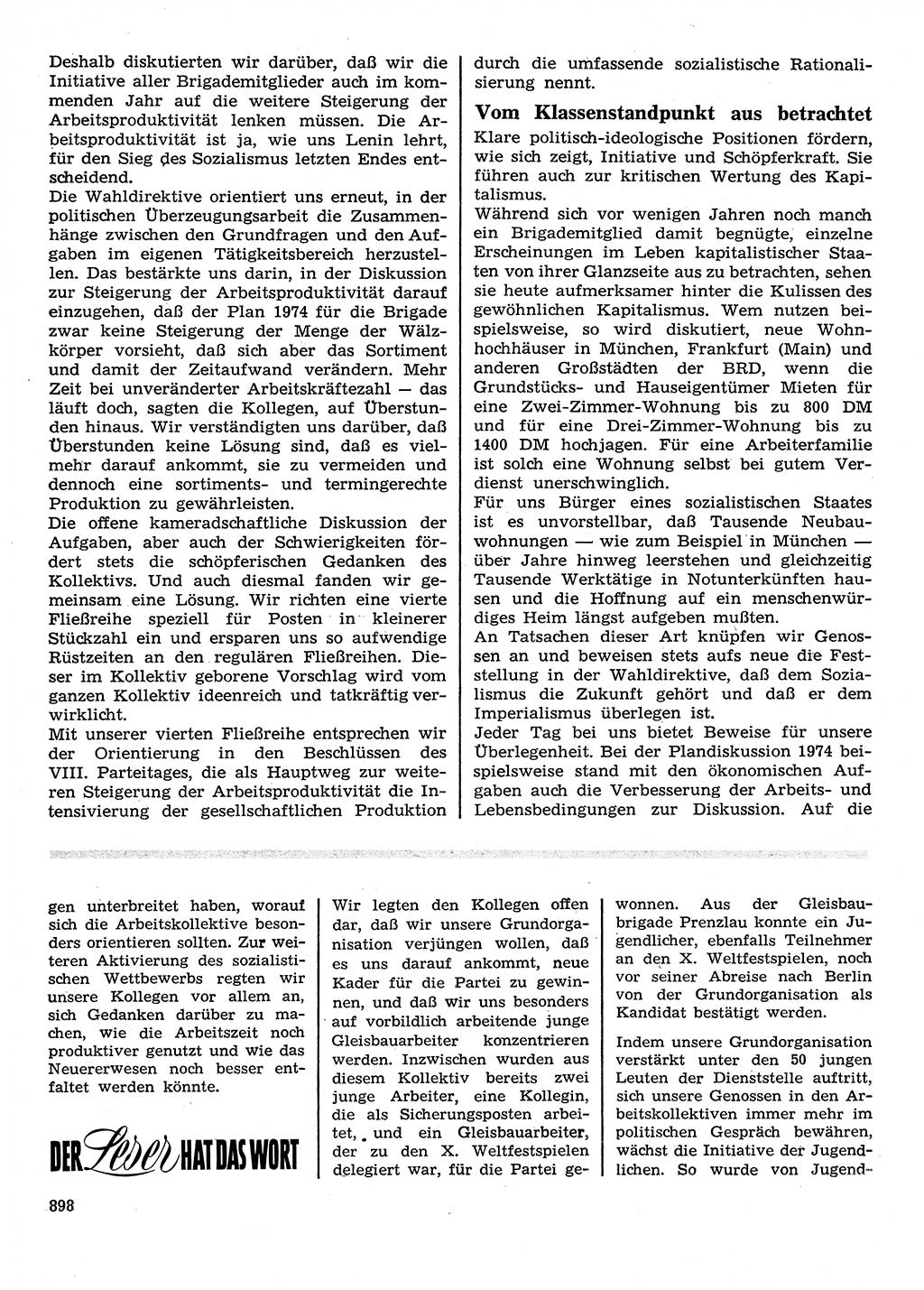 Neuer Weg (NW), Organ des Zentralkomitees (ZK) der SED (Sozialistische Einheitspartei Deutschlands) für Fragen des Parteilebens, 28. Jahrgang [Deutsche Demokratische Republik (DDR)] 1973, Seite 898 (NW ZK SED DDR 1973, S. 898)