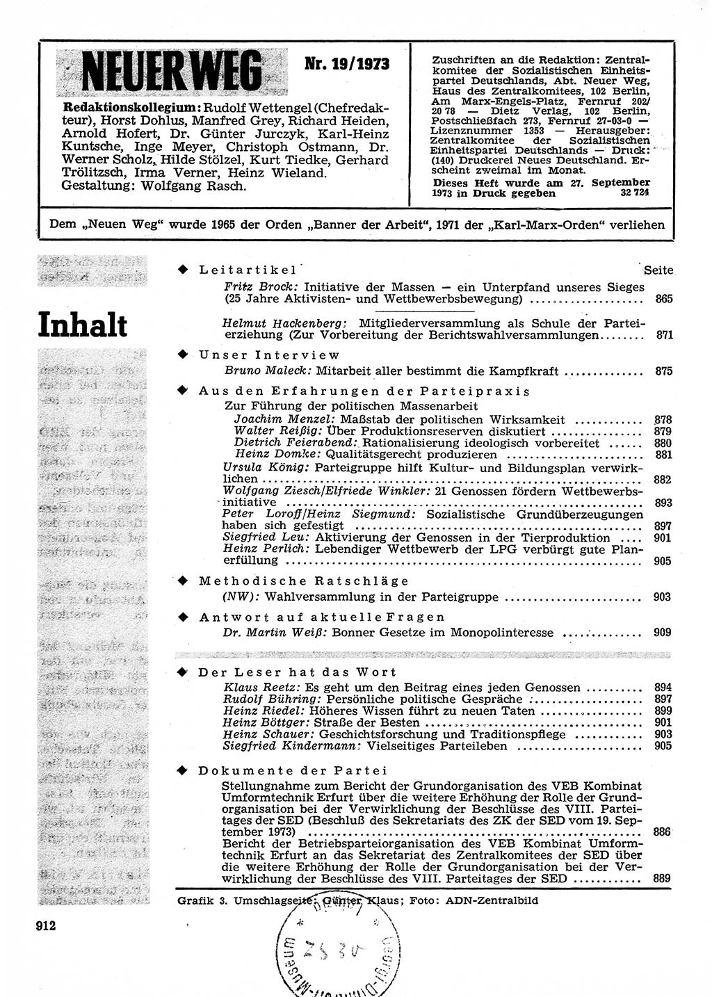 Neuer Weg (NW), Organ des Zentralkomitees (ZK) der SED (Sozialistische Einheitspartei Deutschlands) für Fragen des Parteilebens, 28. Jahrgang [Deutsche Demokratische Republik (DDR)] 1973, Seite 912 (NW ZK SED DDR 1973, S. 912)