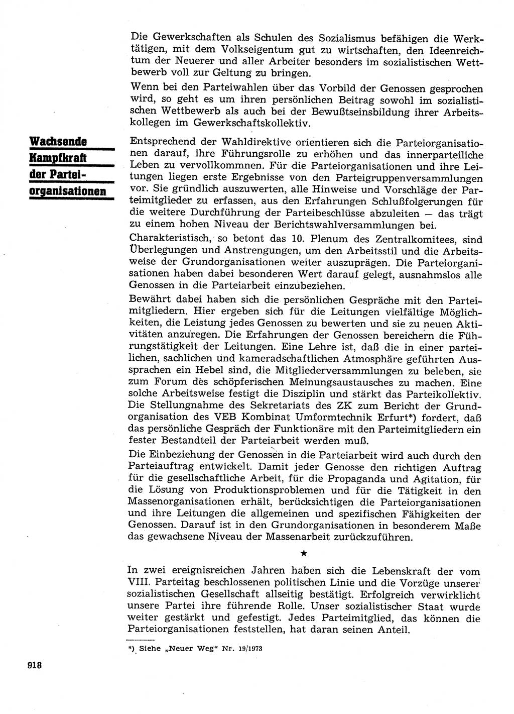 Neuer Weg (NW), Organ des Zentralkomitees (ZK) der SED (Sozialistische Einheitspartei Deutschlands) für Fragen des Parteilebens, 28. Jahrgang [Deutsche Demokratische Republik (DDR)] 1973, Seite 918 (NW ZK SED DDR 1973, S. 918)