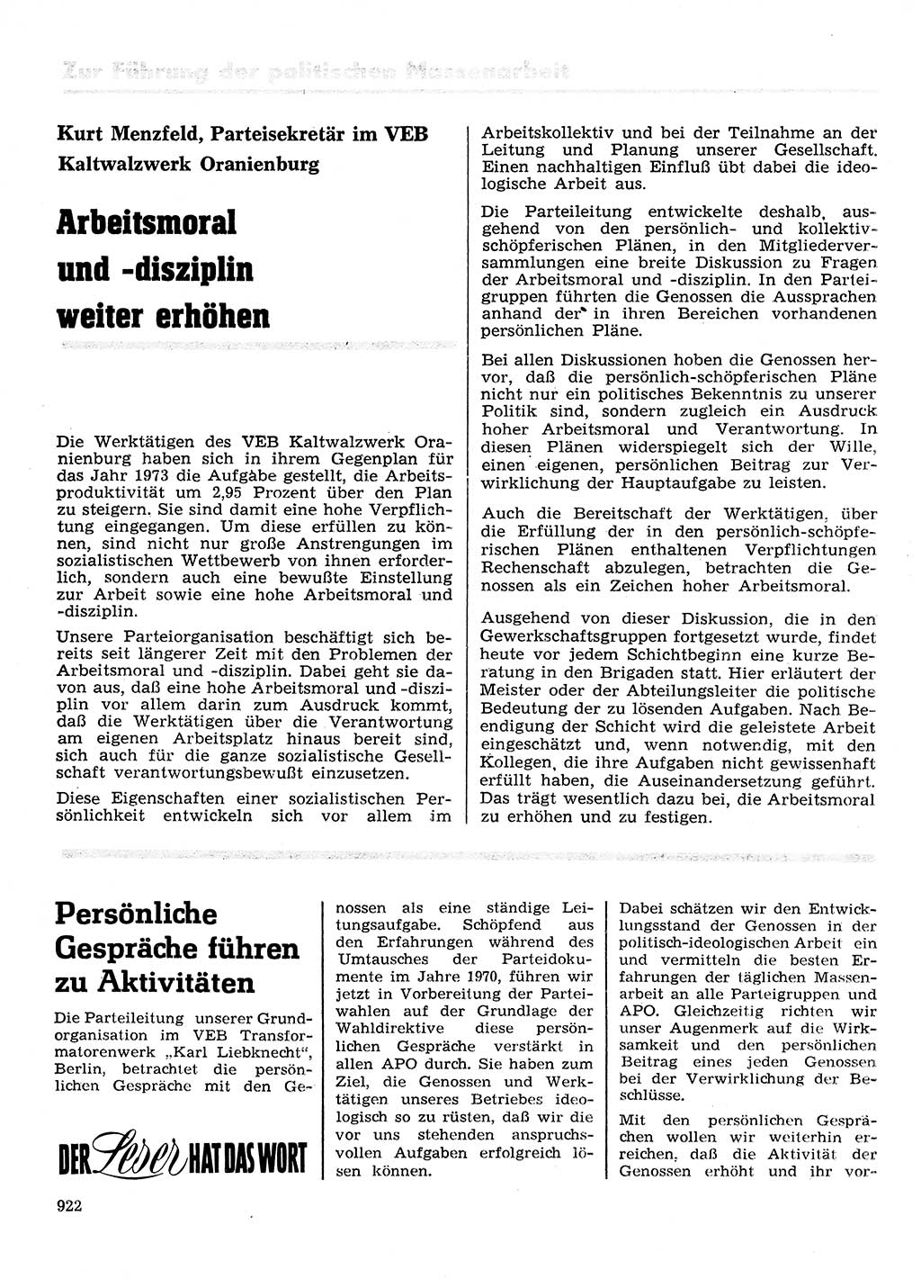 Neuer Weg (NW), Organ des Zentralkomitees (ZK) der SED (Sozialistische Einheitspartei Deutschlands) für Fragen des Parteilebens, 28. Jahrgang [Deutsche Demokratische Republik (DDR)] 1973, Seite 922 (NW ZK SED DDR 1973, S. 922)