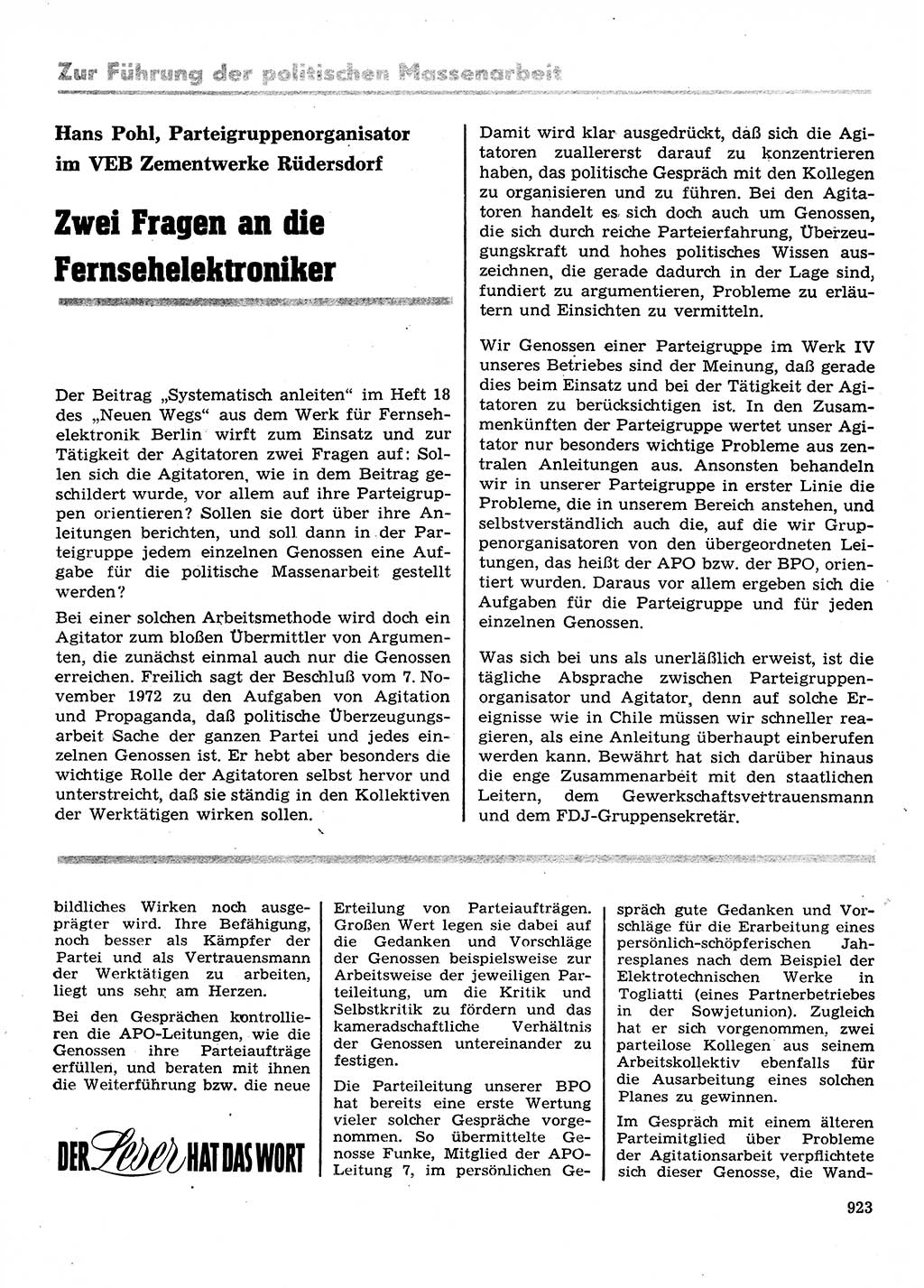 Neuer Weg (NW), Organ des Zentralkomitees (ZK) der SED (Sozialistische Einheitspartei Deutschlands) für Fragen des Parteilebens, 28. Jahrgang [Deutsche Demokratische Republik (DDR)] 1973, Seite 923 (NW ZK SED DDR 1973, S. 923)