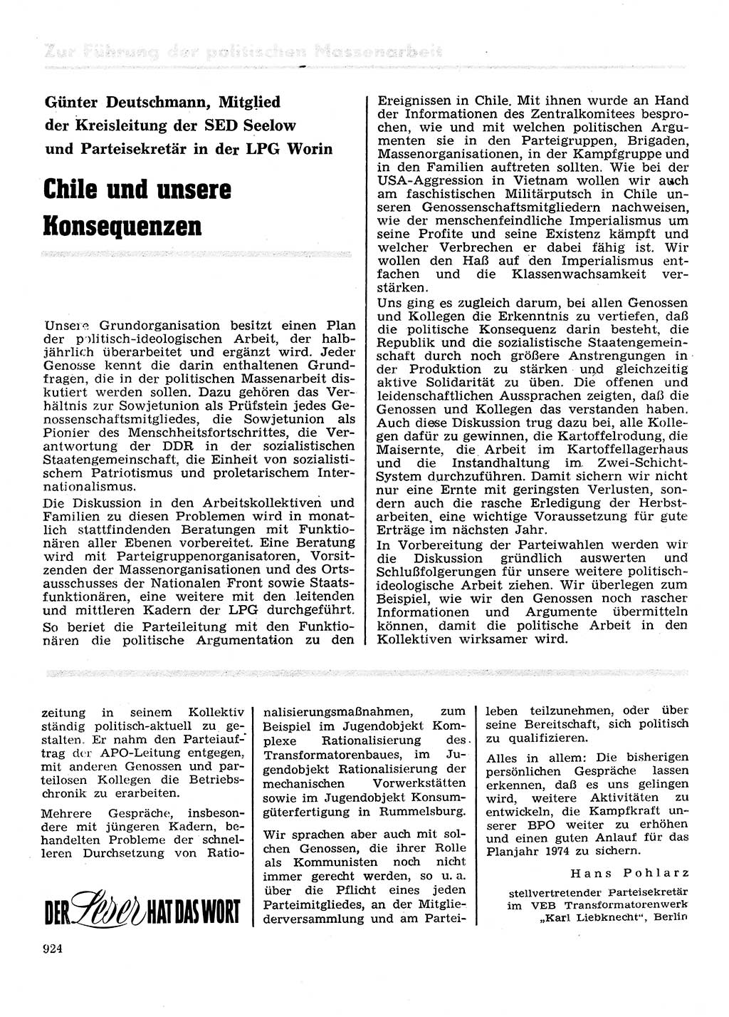 Neuer Weg (NW), Organ des Zentralkomitees (ZK) der SED (Sozialistische Einheitspartei Deutschlands) für Fragen des Parteilebens, 28. Jahrgang [Deutsche Demokratische Republik (DDR)] 1973, Seite 924 (NW ZK SED DDR 1973, S. 924)